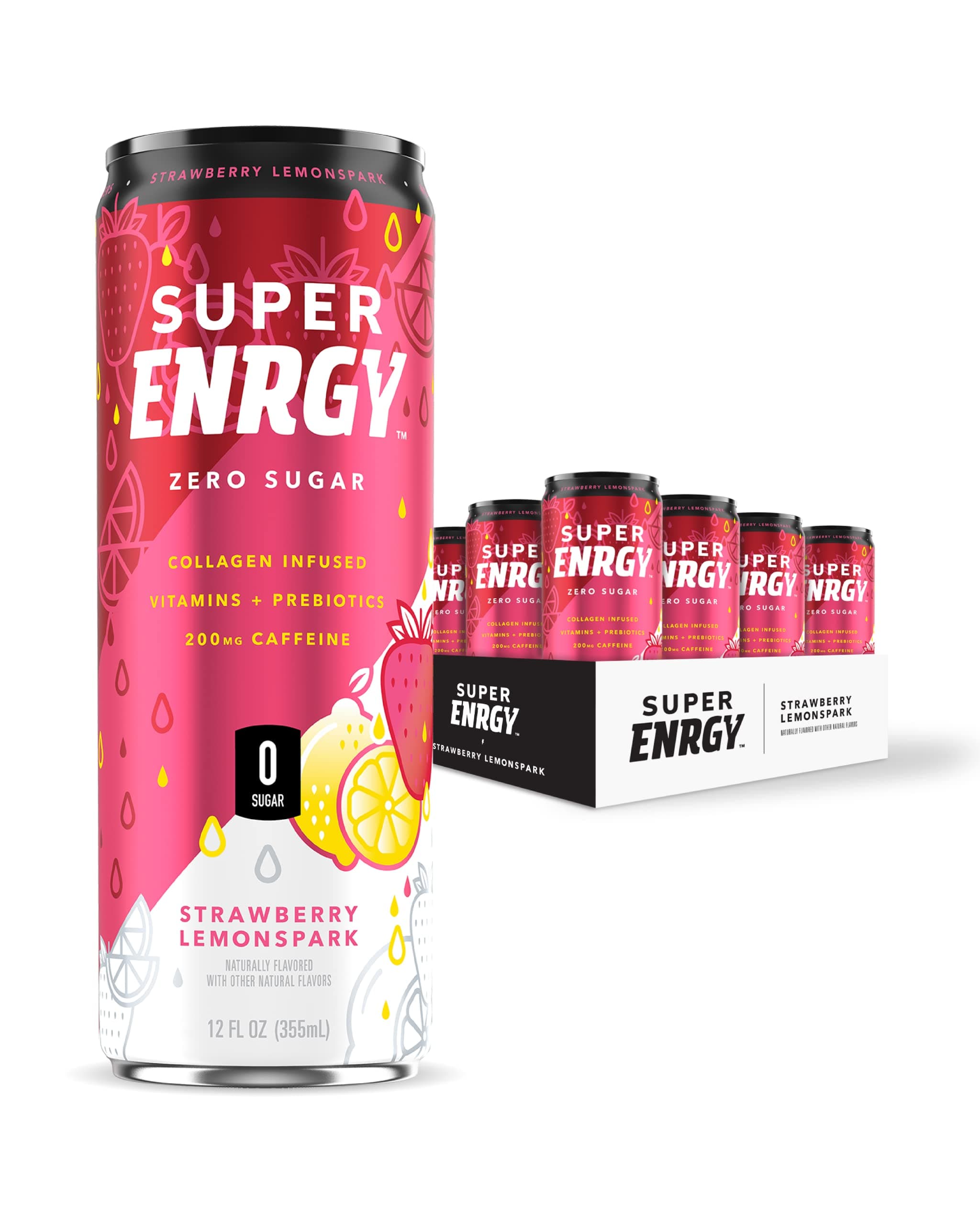 Super CoffeeHealthy Energy Drink | Sugar Free, Natural Energy | Strawberry Lemon Spark | 0g Sugar, 200mg Caffeine, No Artificial, Collagen Protein, Prebiotics, B Vitamins, 20 Calories | Pack of 12