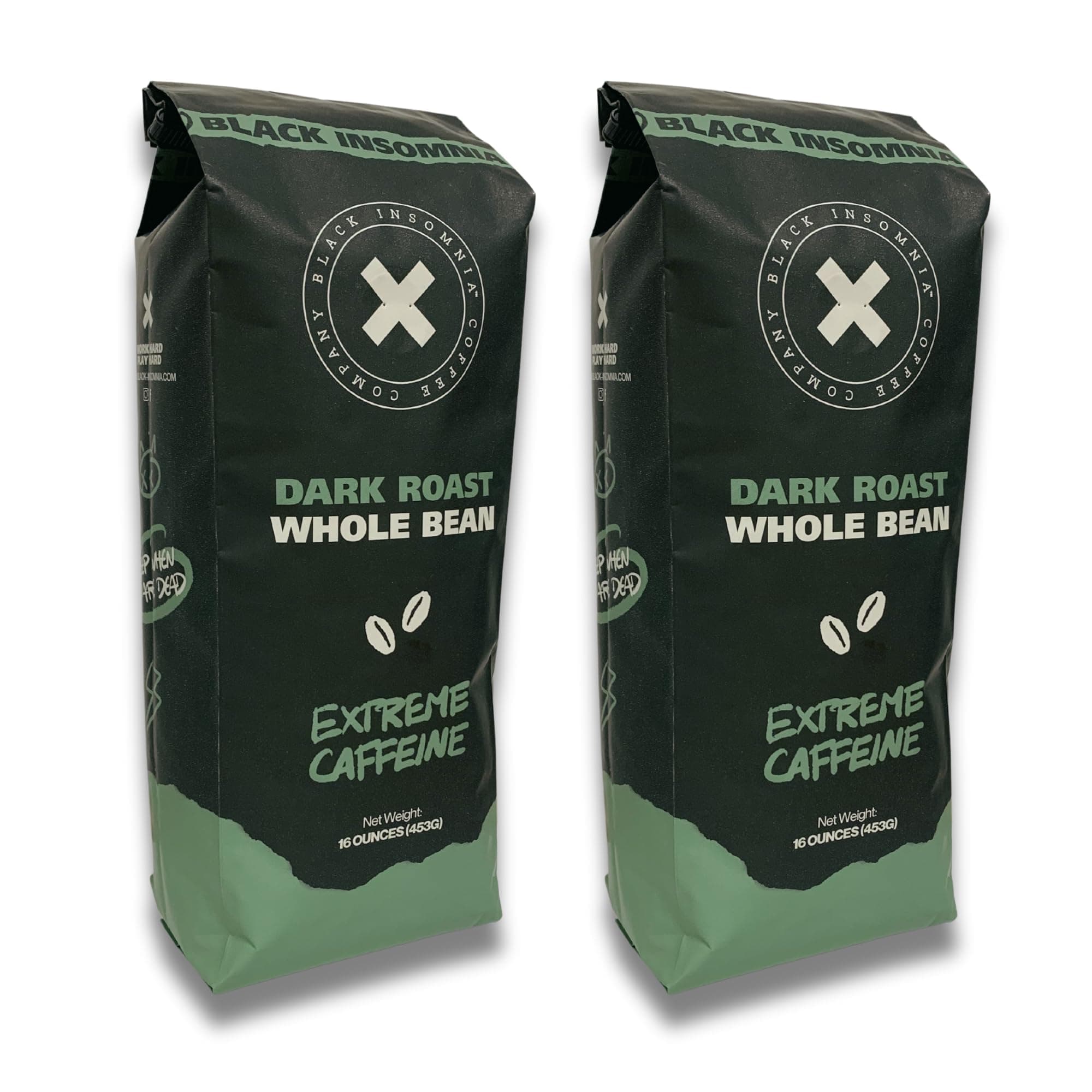 Black Insomnia Dark Roast Whole Bean Coffee - Extreme Caffeine - The Strongest Coffee in the World - 1lb Bag (Pack of 2)