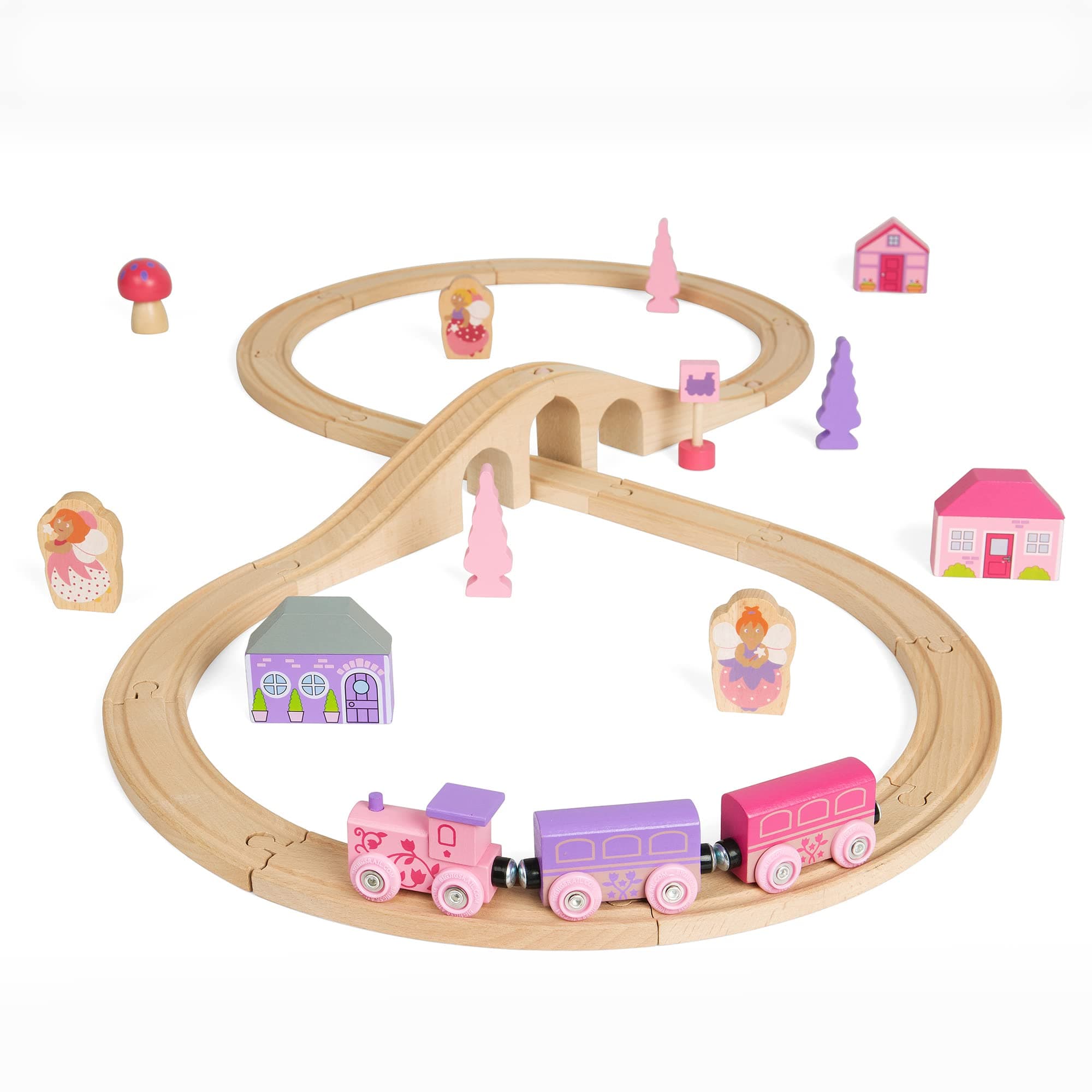 Bigjigs Rail Fairy Figure of Eight Wooden Train Set - 35pc Girls Train Set with Pink Train & Fairy Bigjigs Train Accessories, Quality Princess Toys