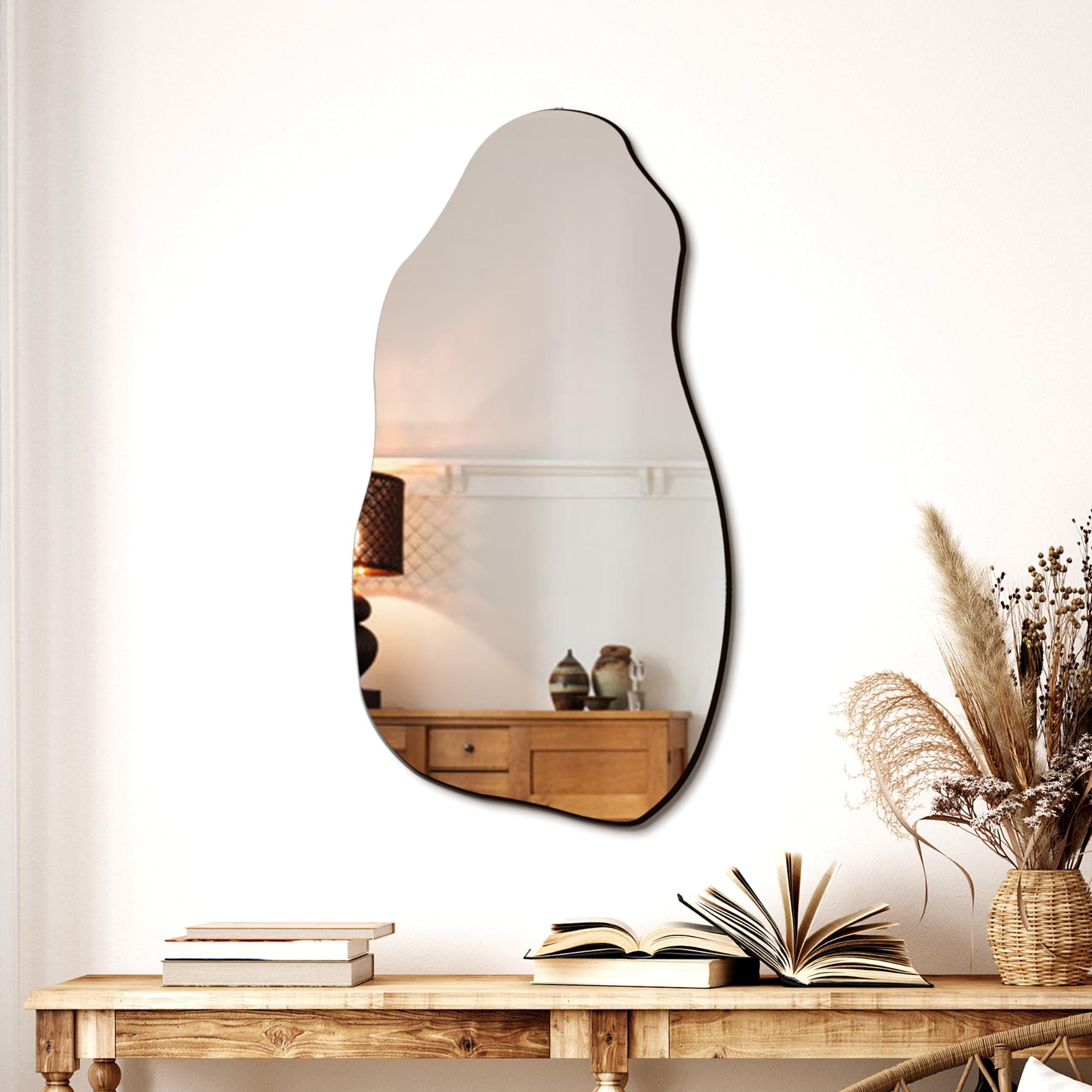 Irregular Asymmetrical Wall Mirror for Living Room Bathroom Entryway, Modern Decorative Mirror Hanging (Hook Style, 32'' x 18'')
