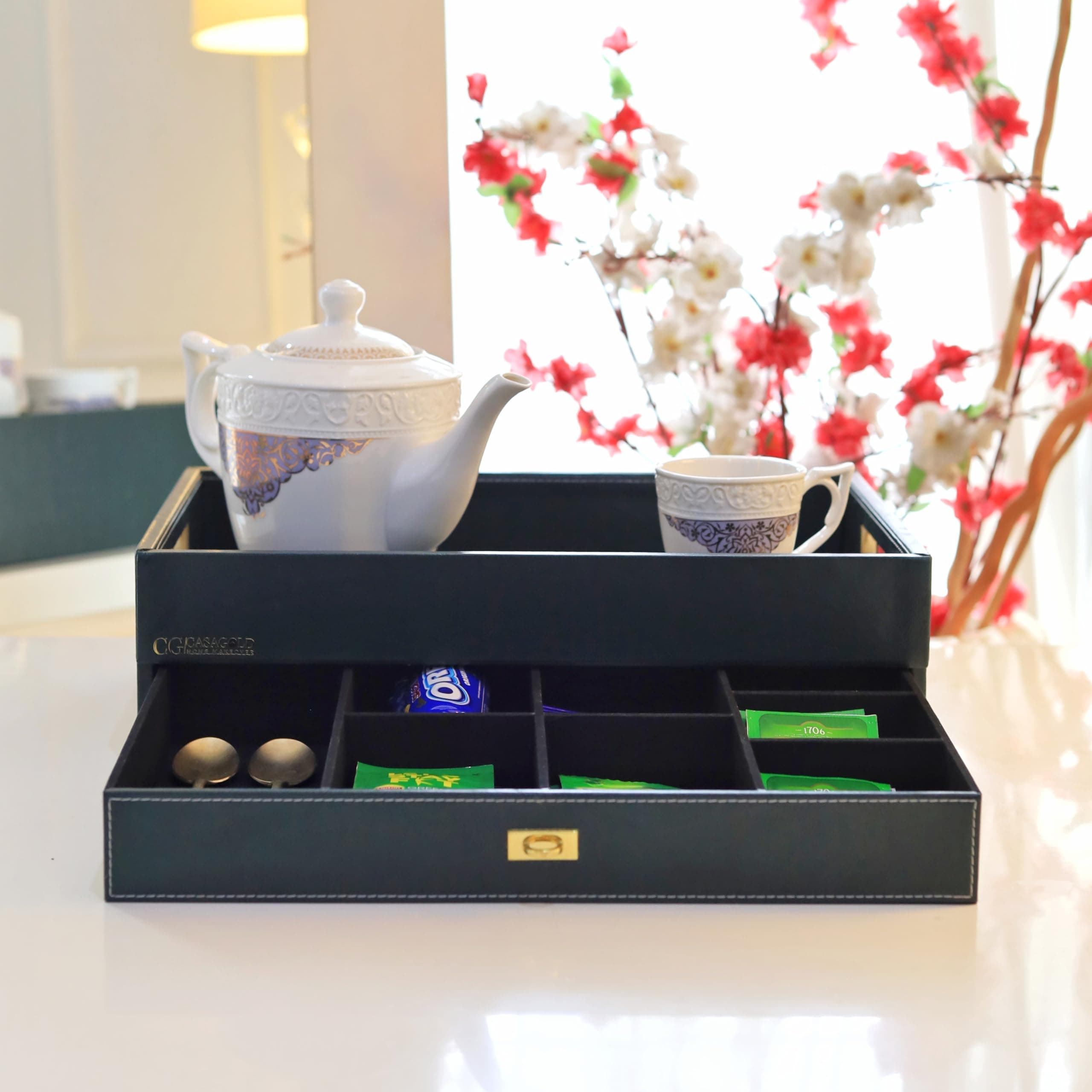 - Leather Storage Tray for Office Hotel or Home, A Serving Tray with Drawer and Storage Space for Tea Bags/Coffee/Cosmetics/Jwellery/Mobile - Bottle Green