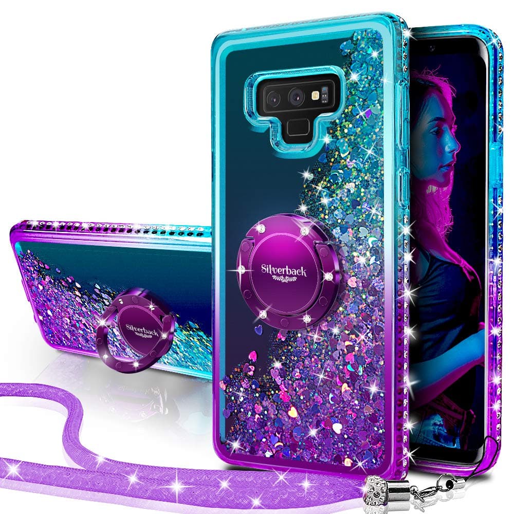 Miss Arts for Samsung Note 9 Case, [Silverback] Moving Liquid Holographic Sparkle Glitter Case With Kickstand, Bling Diamond Bumper Ring Slim Case for Girls Women for Samsung Galaxy Note 9 -Purple