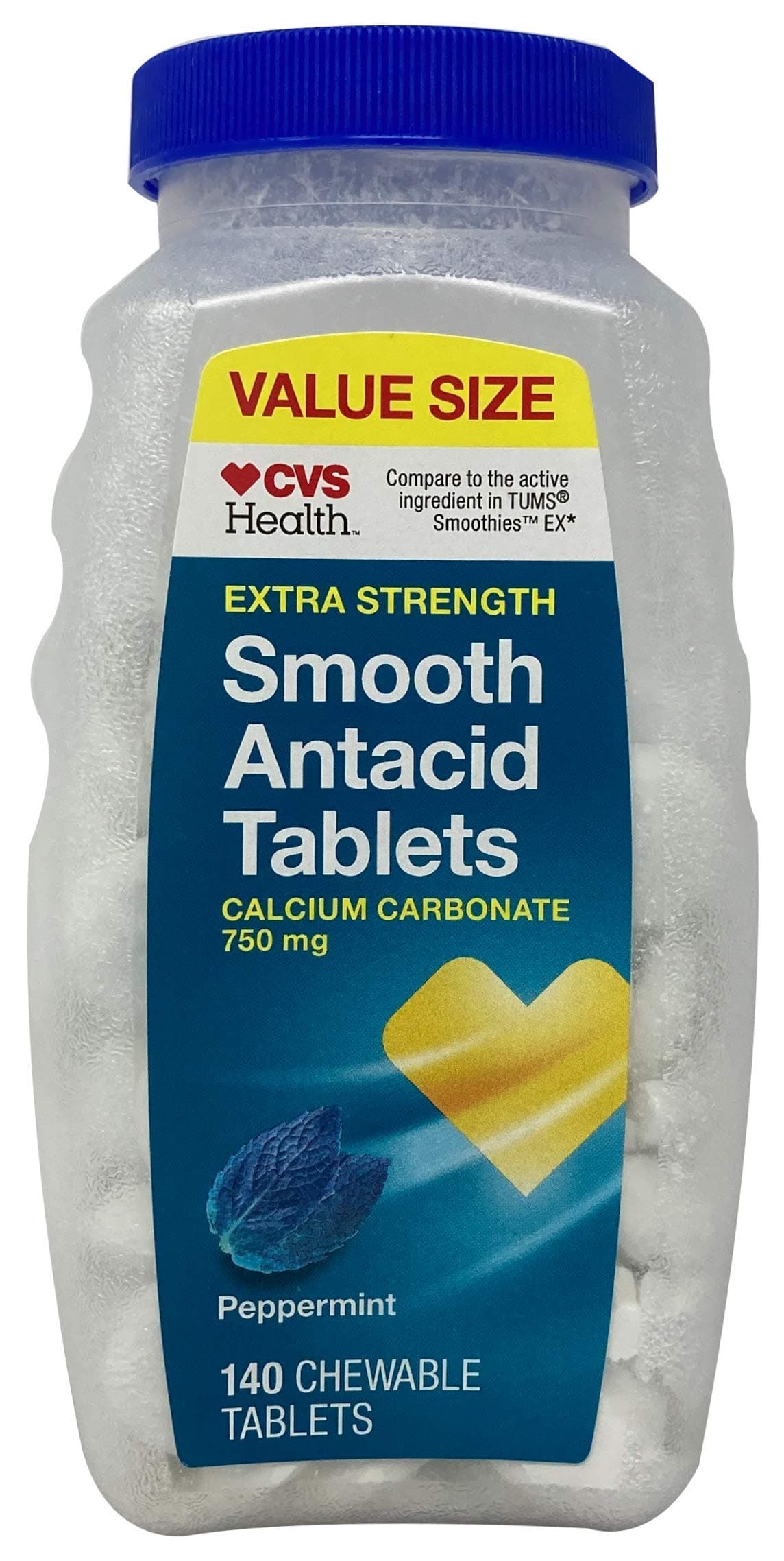 CVS Health Extra Strength Smooth Antacid Tablets, Calcium Carbonate 750 mg, Peppermint, 140 Count