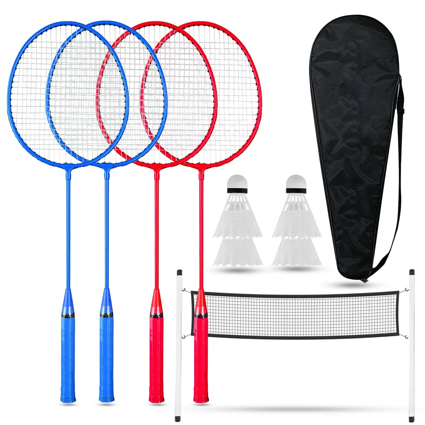 FK Sports 4 Player Badminton Set with Net, Outdoor Backyard Games, 4 Rackets, 4 Nylon Shuttlecocks, Racket Carry Bag,16.5ft Badminton Net With Poles and Anchors, Kids & Adults, Garden, Beach Play