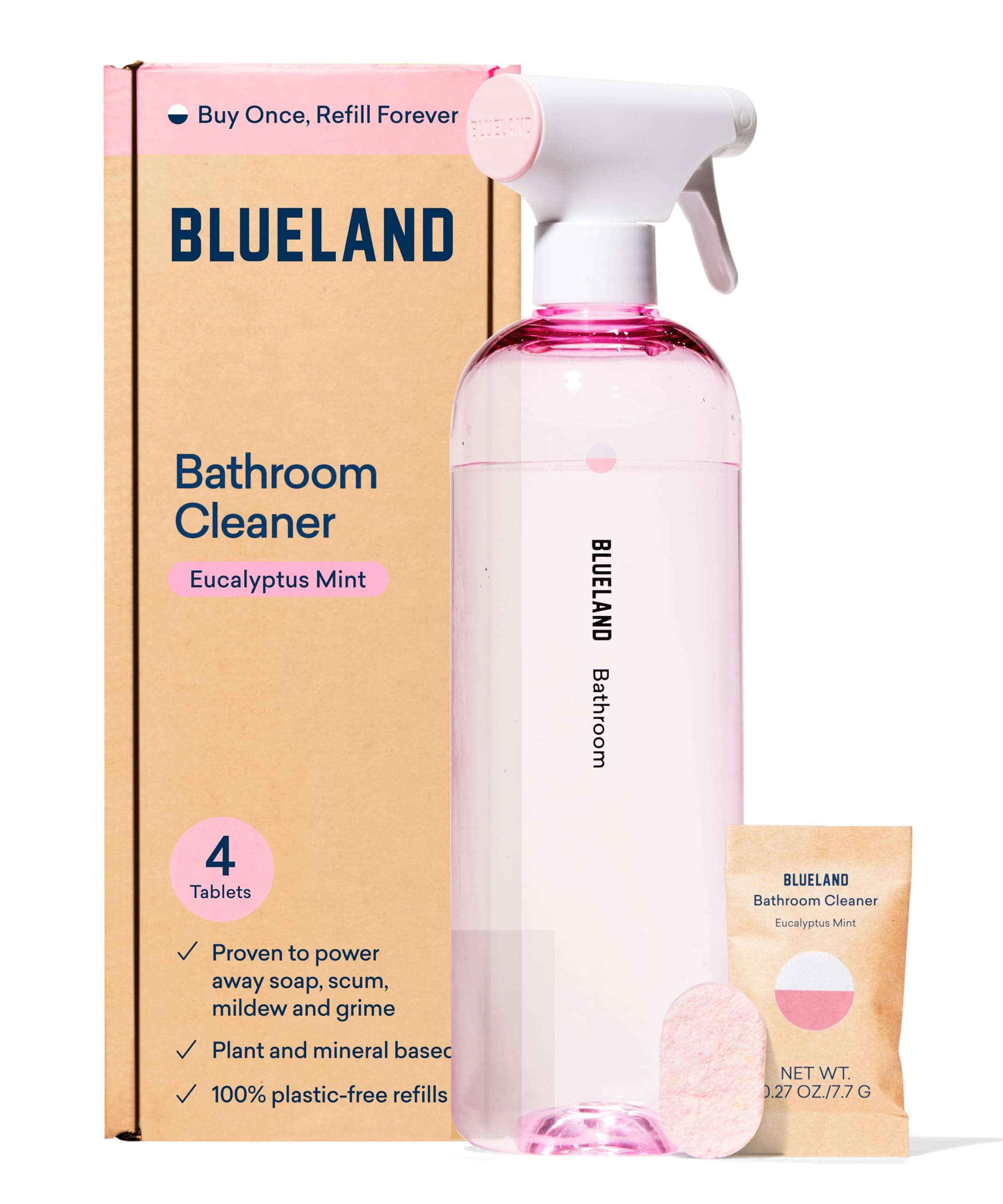 BLUELAND Bathroom Cleaner, Starter Set, Eucalyptus Mint Scent, Spray Bottle with 4 Refill Tablets, Eco-Friendly Cleaning Supplies, 4 x 24 Fl oz