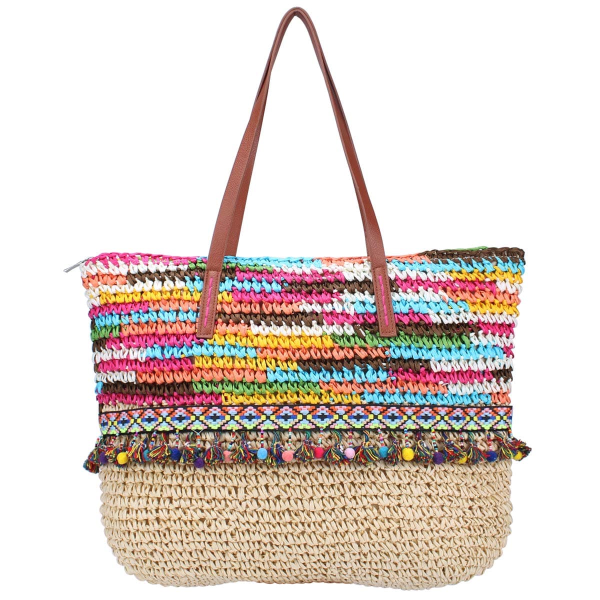 Sornean Large Knitted Straw Bag 100% Handmade Summer Beach Tote Bag Top Zipper Shoulder Bag (Off White)