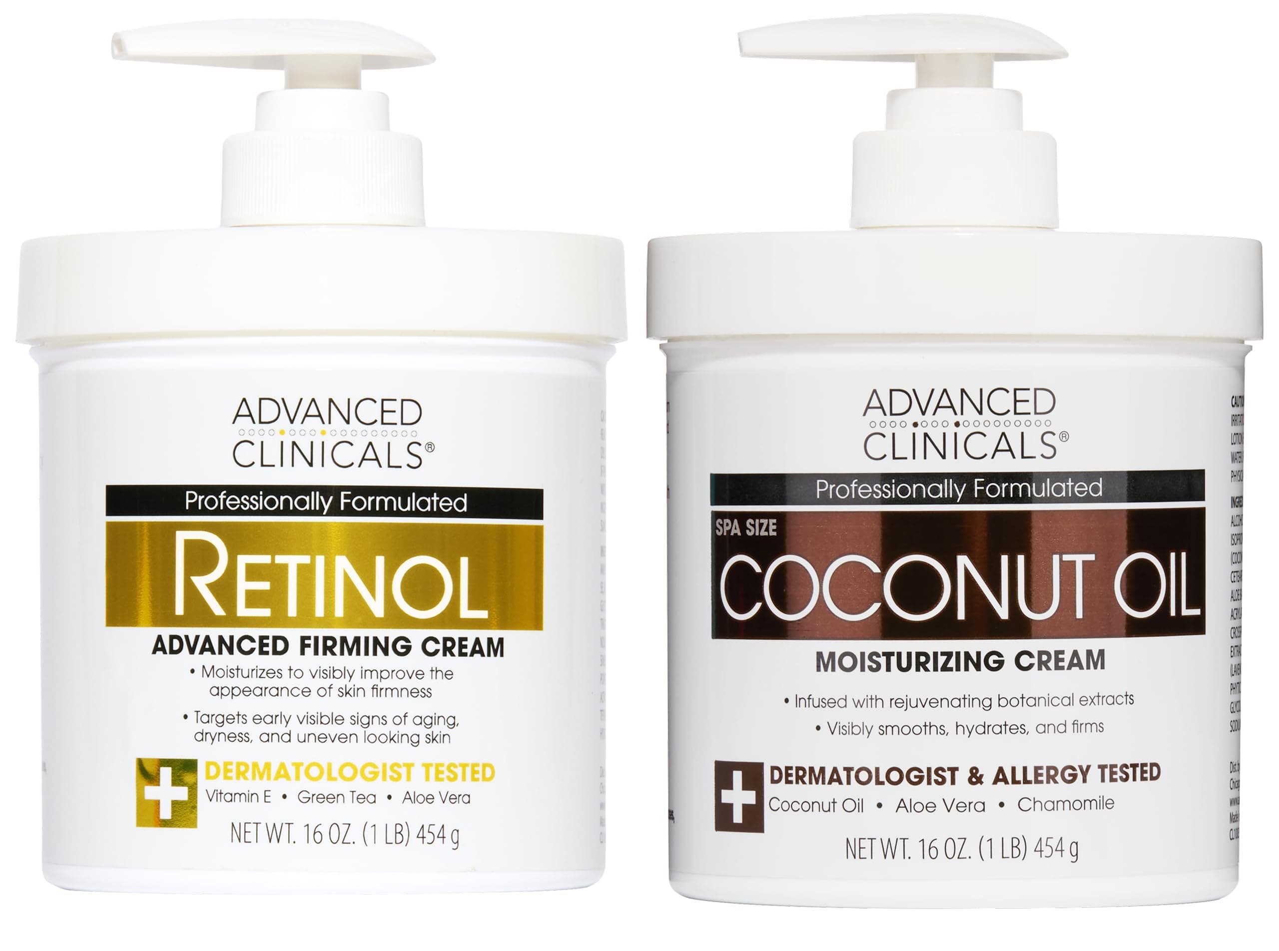 Advanced Clinicals Unscented Retinol Body Lotion & Face Moisturizer + Coconut Oil Body Cream For Women & Men | 2PC Skincare Set Helps Reduce Appearance Of Crepey Skin + Irritated Dry Skin, 2pc Set