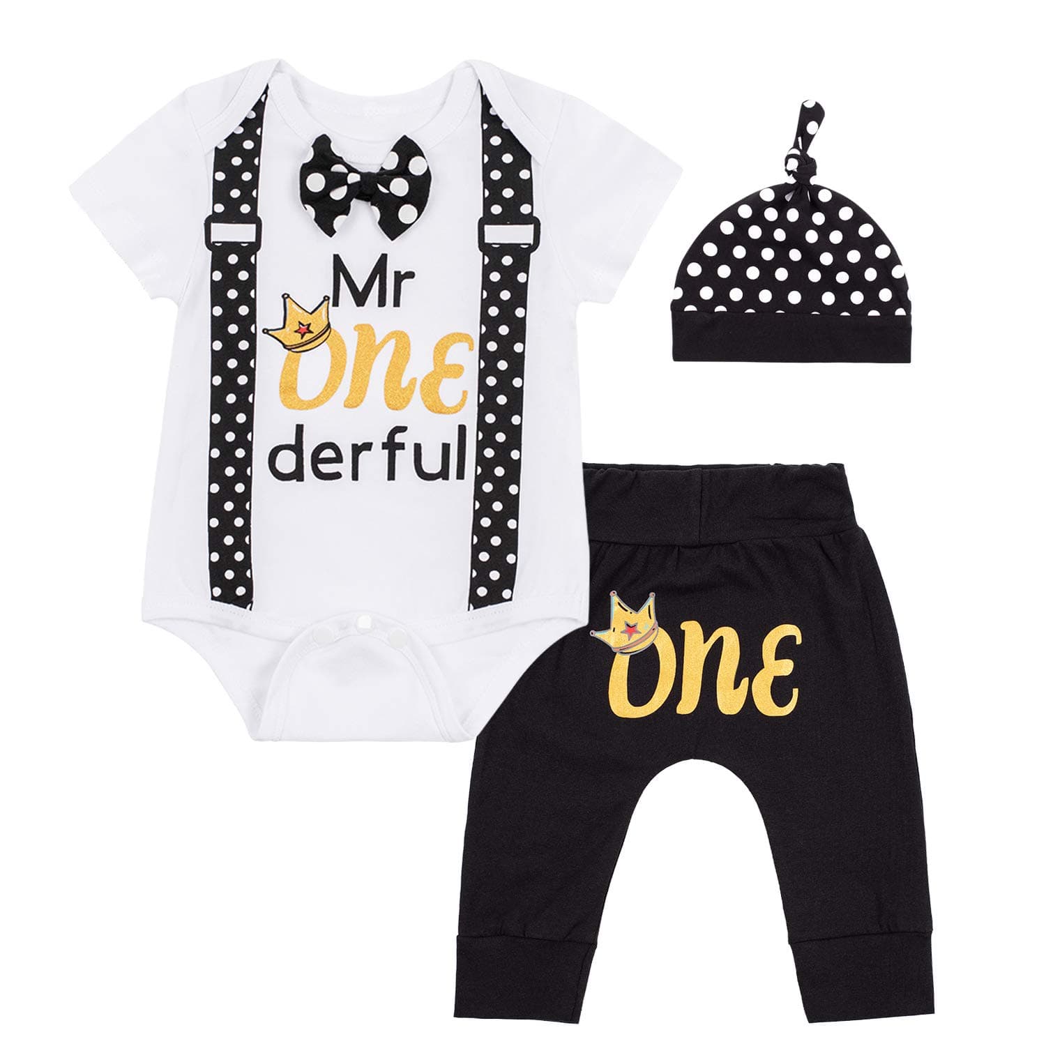 LENSOUSBaby First Birthday Outfit Boy Funny Bowtie One Year Old Boys Romper Bodysuit Set
