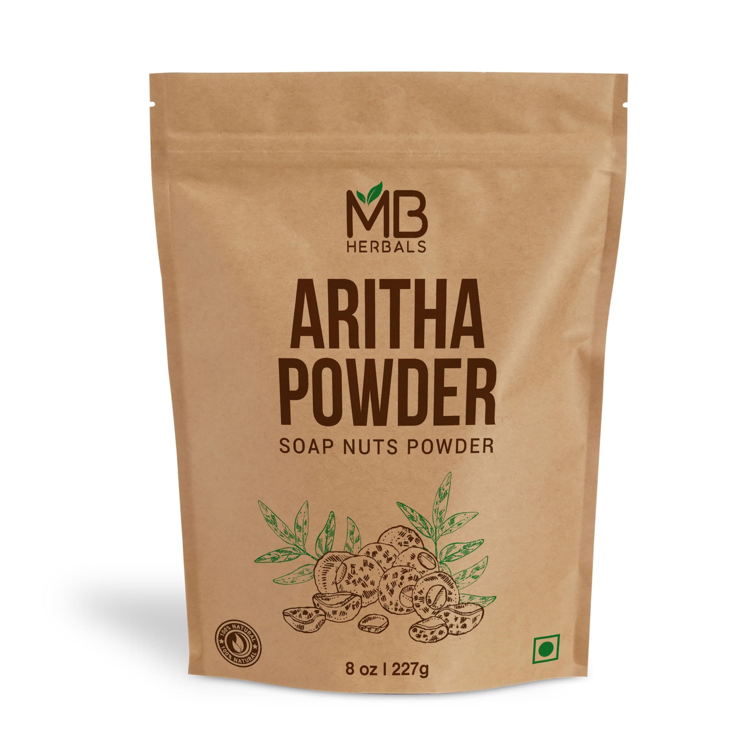 MB Herbals Pure Aritha Powder 227g / 1/2 lb / 8 oz / 0.5 LB - 100% Pure - Organically Grown Sapindus mukorossi Fruit Pod Powder - Natural Hair Cleanser & Conditioner