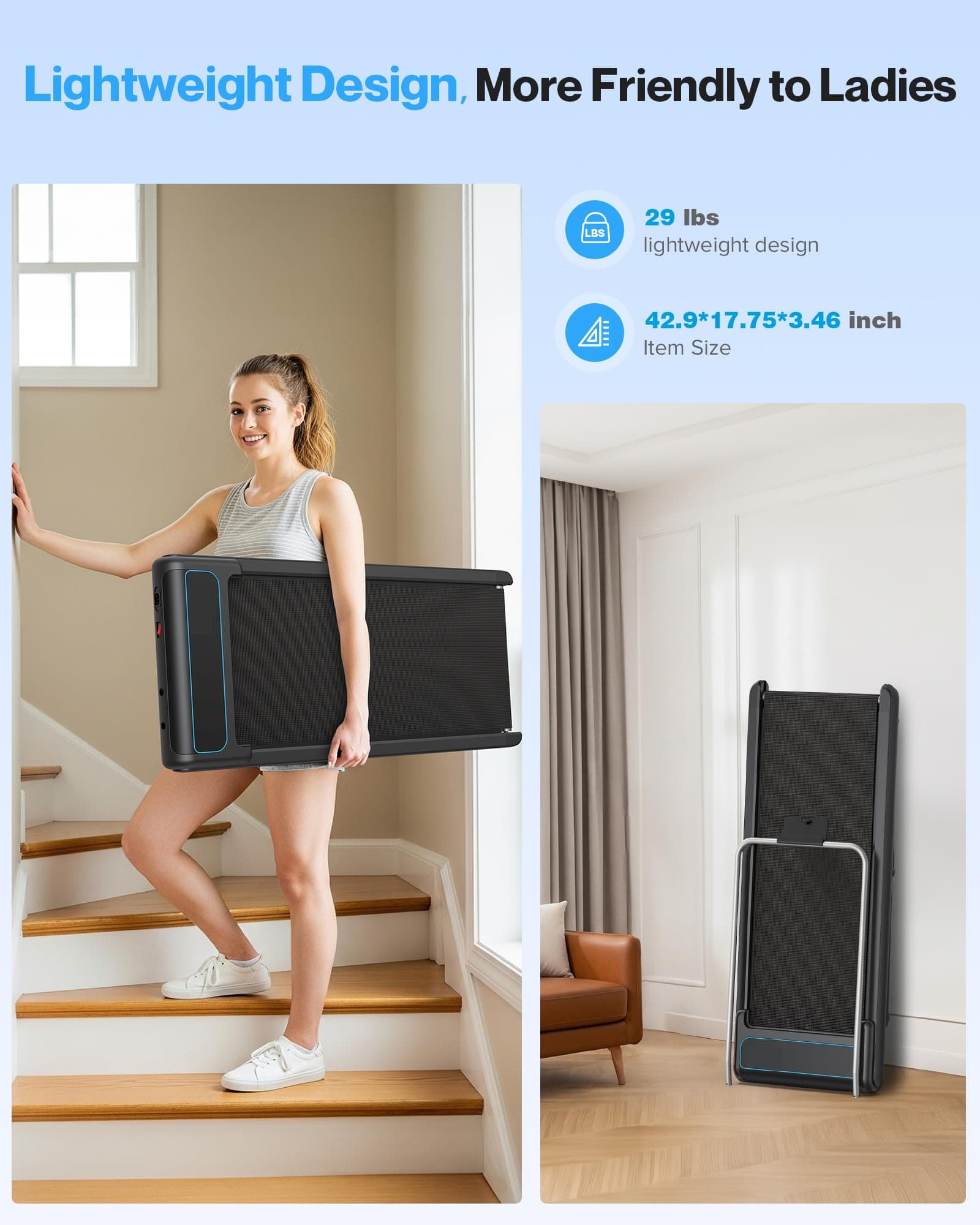 10% Incline Under Desk Walking Pad, 2.5HP 5MPH Treadmill with Removable Handle, Lightweight Treadmills for Home Office Small Apartment, Works with Apps & Mute Remote Control, No Installation