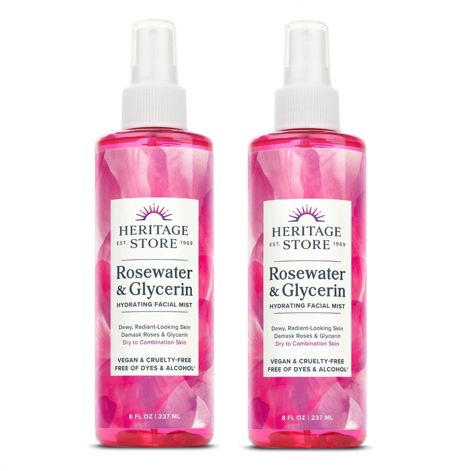 Heritage Store Rosewater with Glycerin | 100% Pure Vegan | Benefits Skin, Hair and More | Facial Toner and Moisturizer | Mist Spray, 8 Fl Oz (Pack of 2)