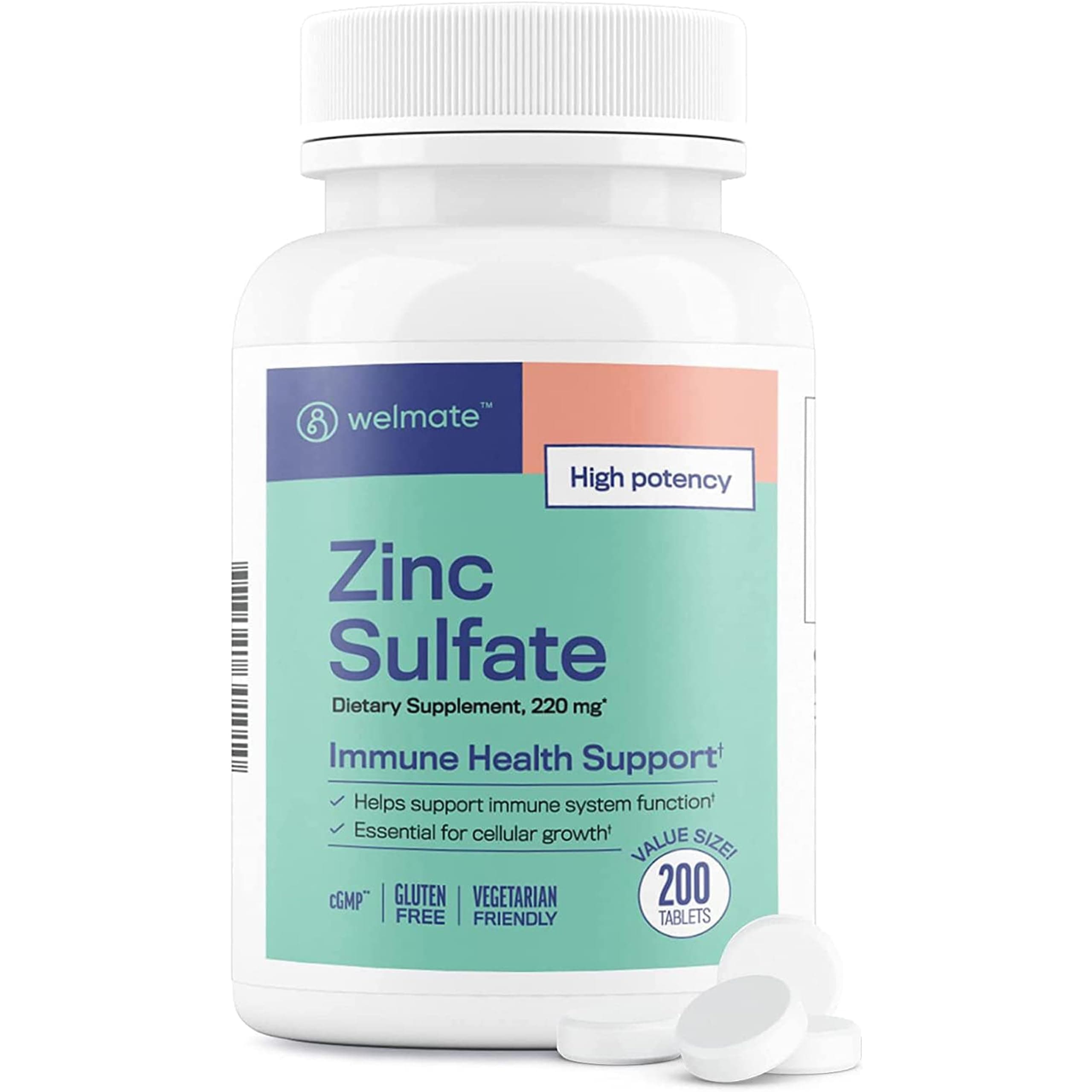 WELMATE Zinc Sulfate 220 mg Tablets, 200 Count (200 Day Supply) - Immune Support for Men & Women - Skin & Hair Health - Vegetarian & Gluten Free