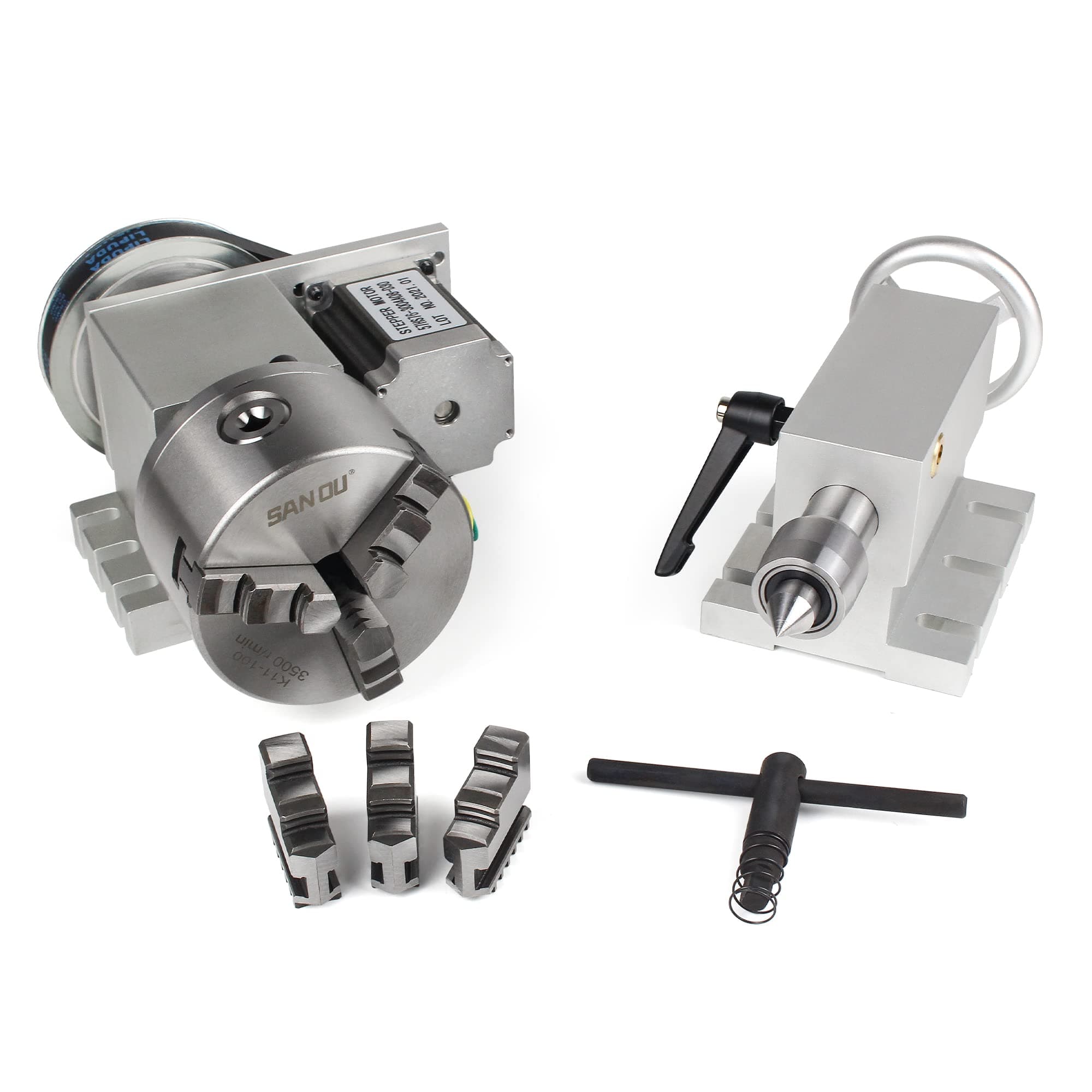 RATTMMOTOR CNC rotary axis, 4th axis rotary axis K11-100 mm hollow shaft with 3-jaw chuck, dividing apparatus, a reduction ratio of 6:1 with 65 mm tailstock for CNC lathe, milling machine