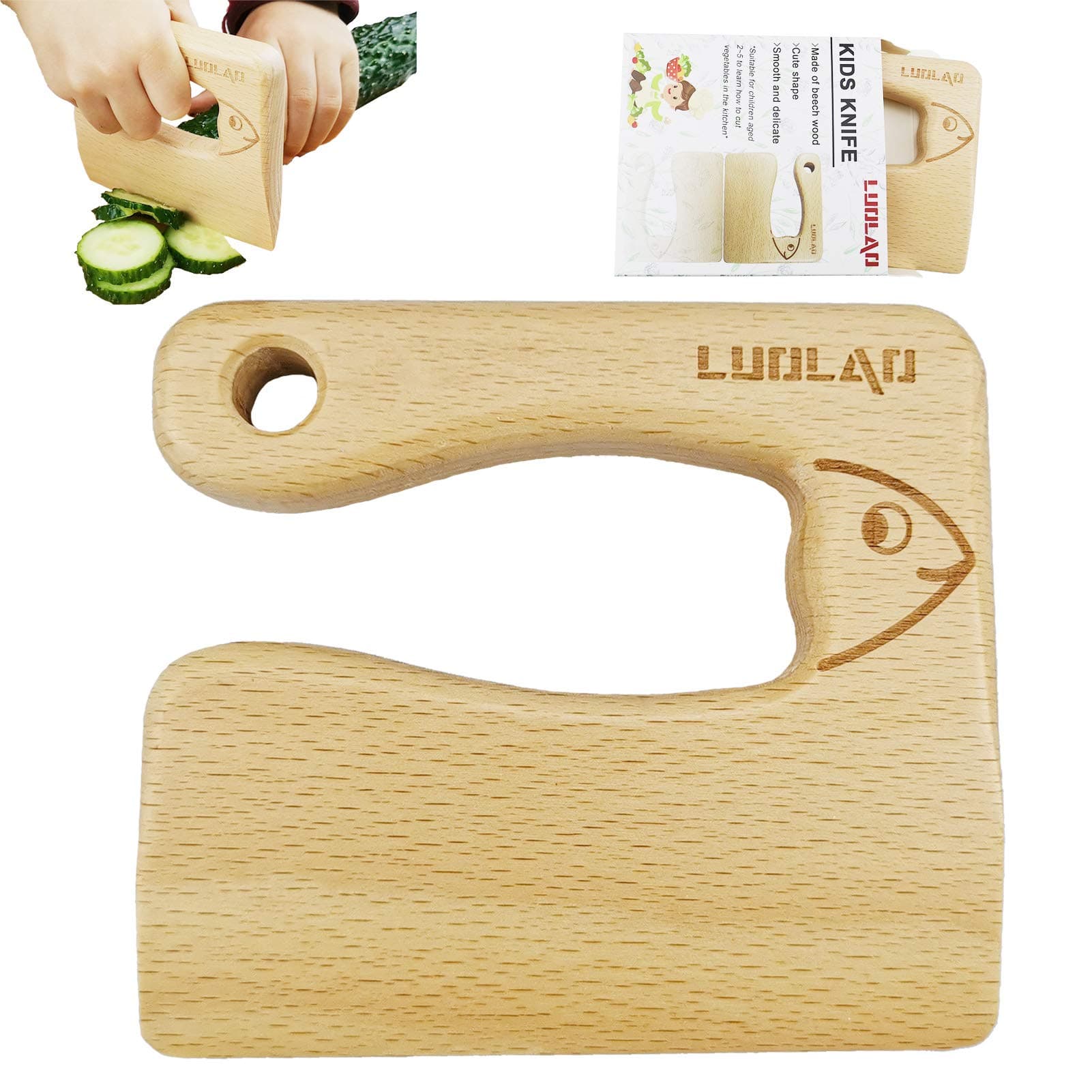 Wooden Kids Knife for Cooking and Safe Cutting Veggies Fruits, Cute Fish Shape Kids Kitchen Tools, Christmas Gifts for kids, 2-5 Years Old Applicable