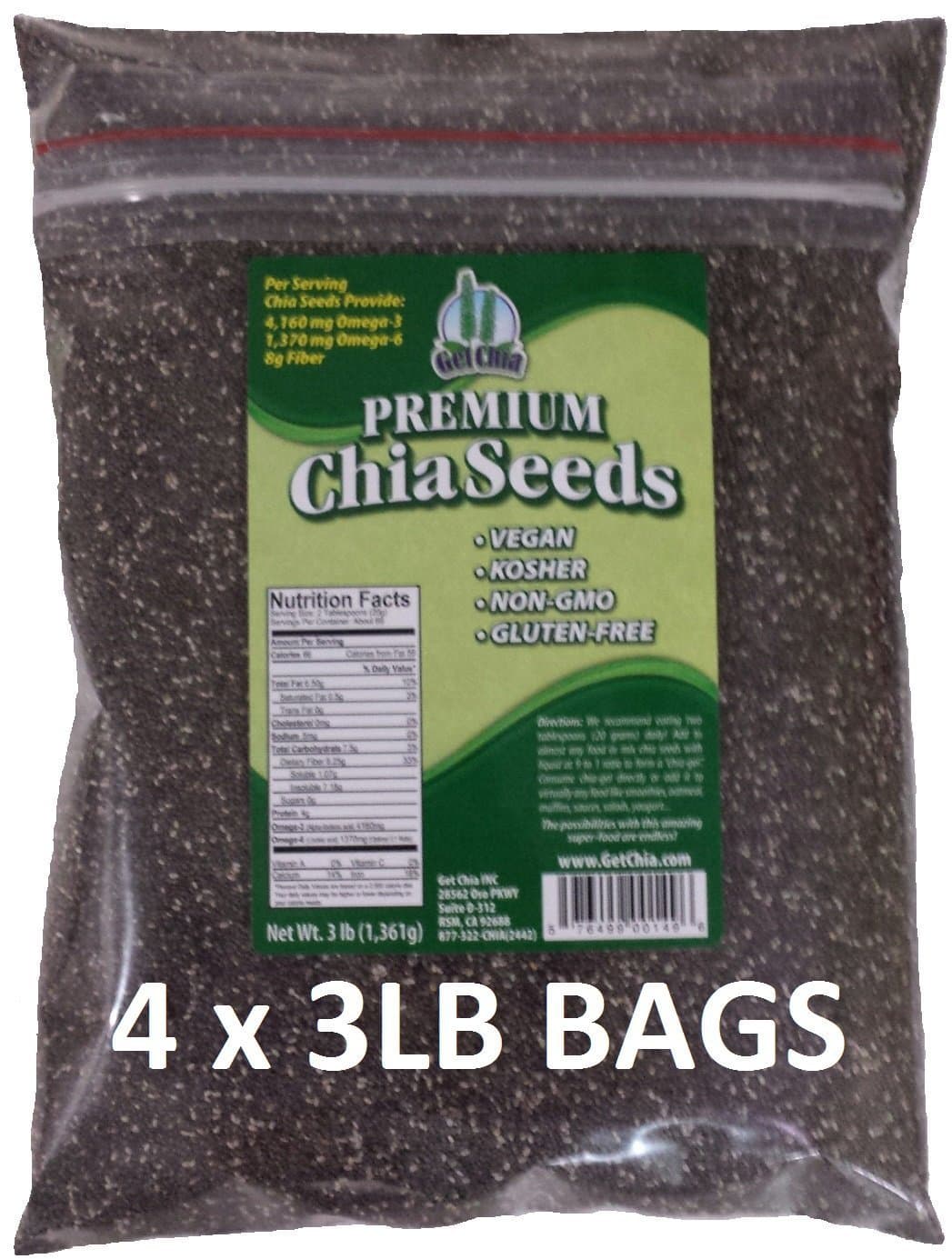 Brand BLACK Chia Seeds - 12 TOTAL POUNDS = FOUR x 3 Pound Bags