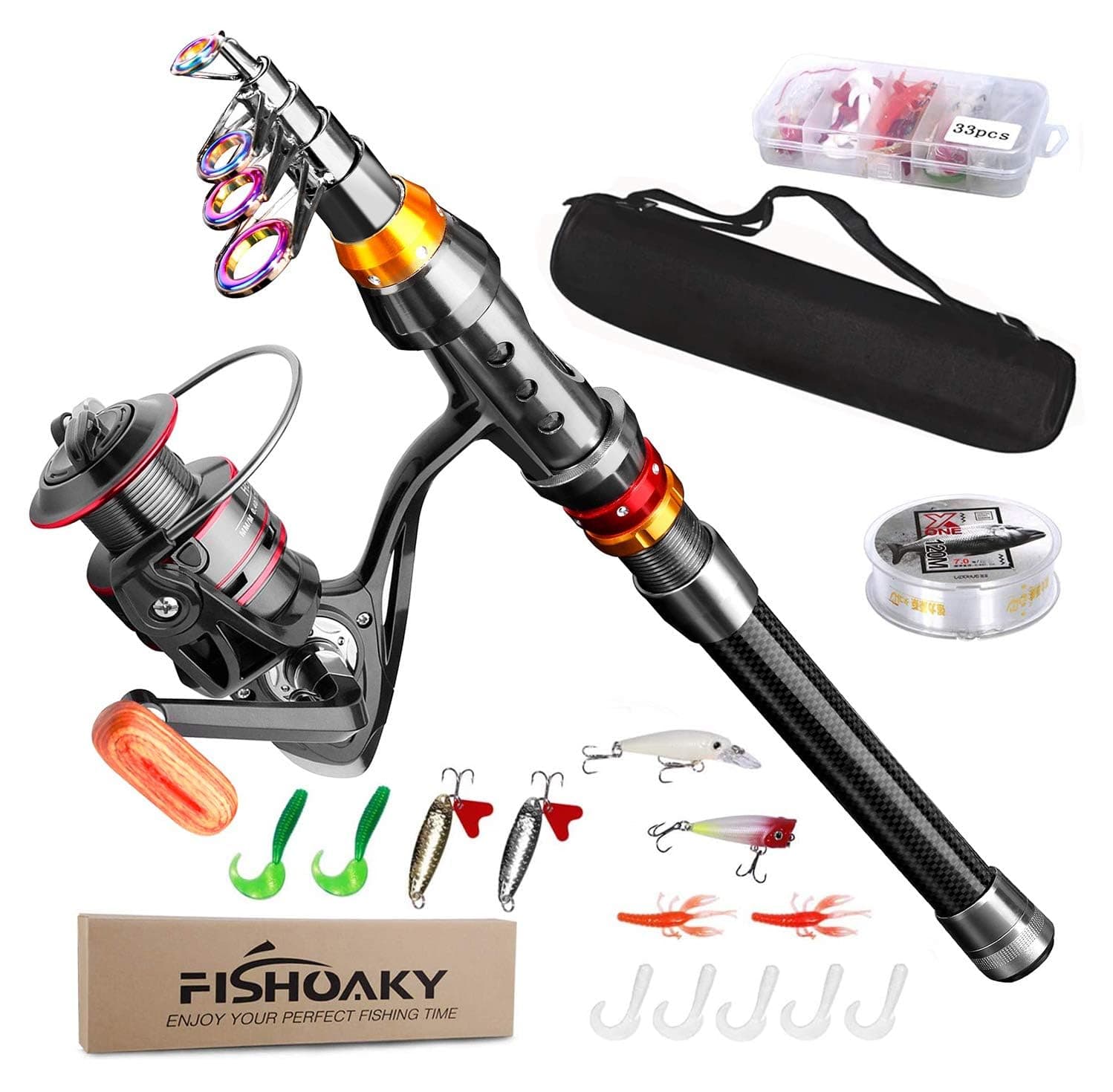 Fishing Rod kit, Carbon Fiber Telescopic Fishing Pole and Reel Combo with Line Lures Tackle Hooks Reel Carrier Bag Fishing Rod Set for Adults Travel Saltwater Freshwater