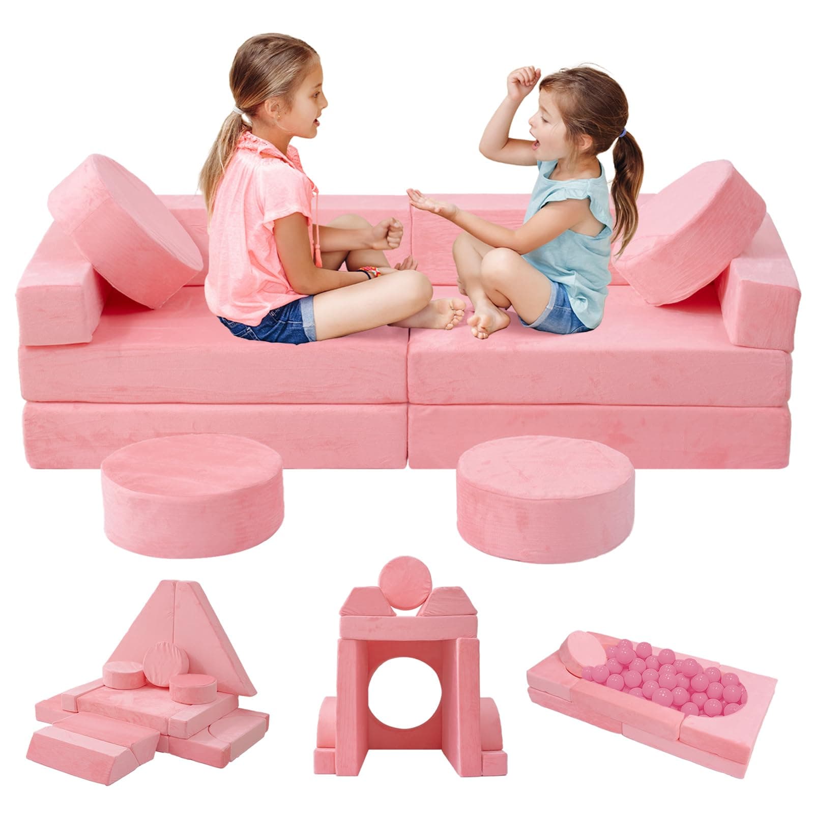 HOMFINE 16pcs Modular Kids Play Couch, Child Nugget Couch Sofa, Bedroom and Playroom Furniture for Toddlers, Convertible Foam and Floor Cushion for Boys and Girls, Pink