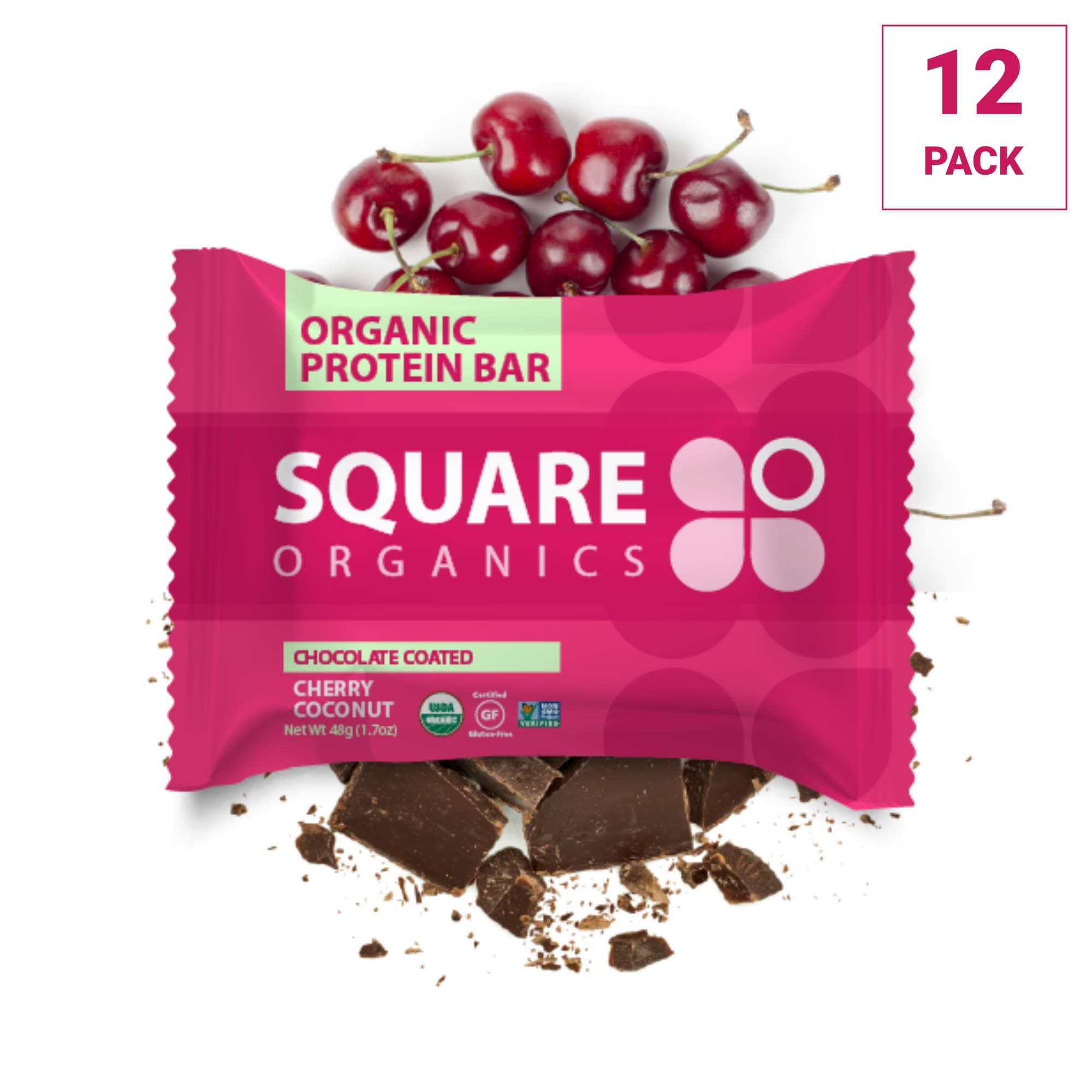 Square Organics Organic Chocolate Coated Protein Bar, Cherry Coconut (12 Count) 1.7 Oz., Gluten-Free Soy-Free Dairy-free Vegan High Protein Snack
