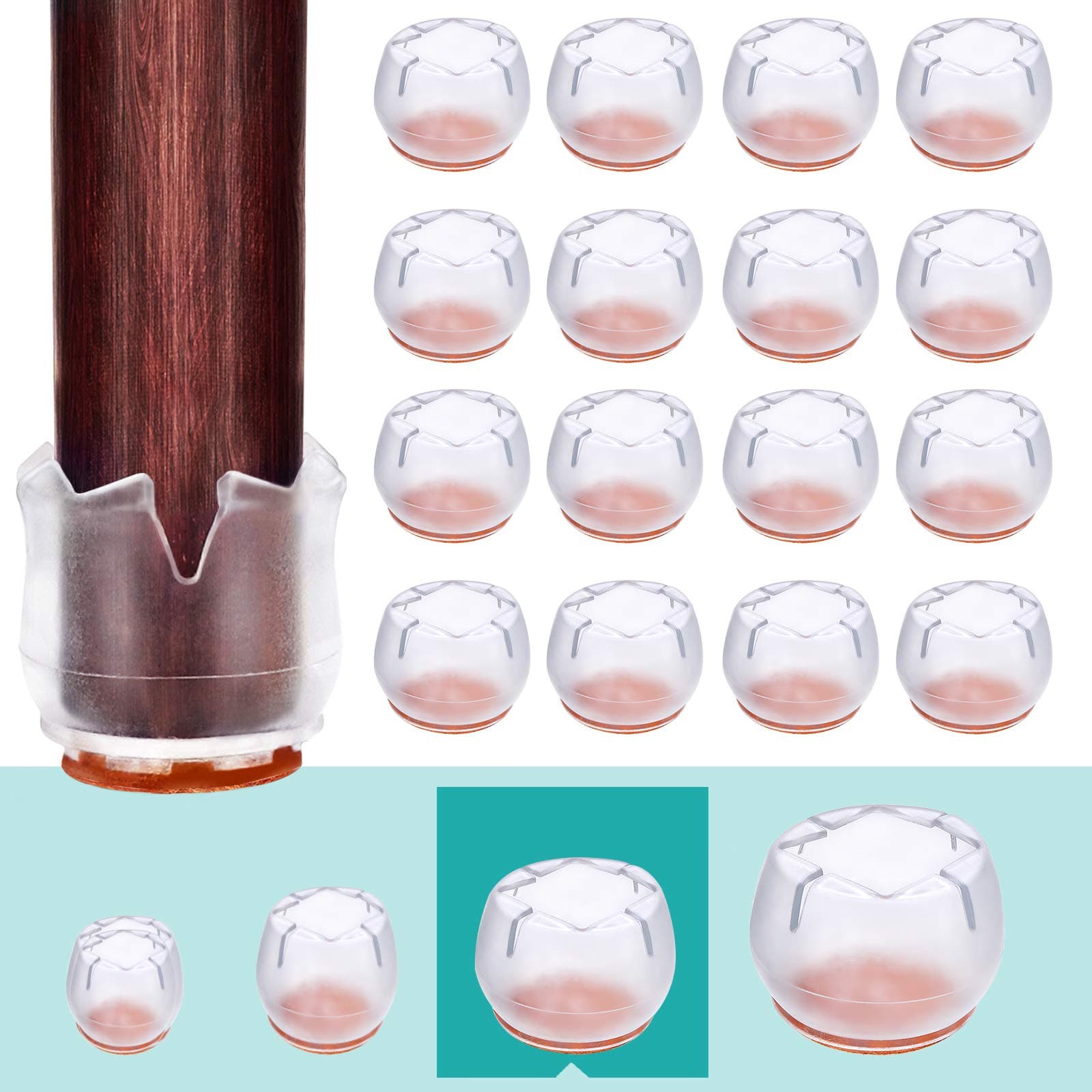MelonBoat 16 Pack Chair Leg Floor Protectors, Fit Round Leg Size 1-5/16 to 1-1/2" or Square 1-1/16 to 1-3/16", Chair Leg Caps with Furniture Felt Slider Glide Pads, A-MX035