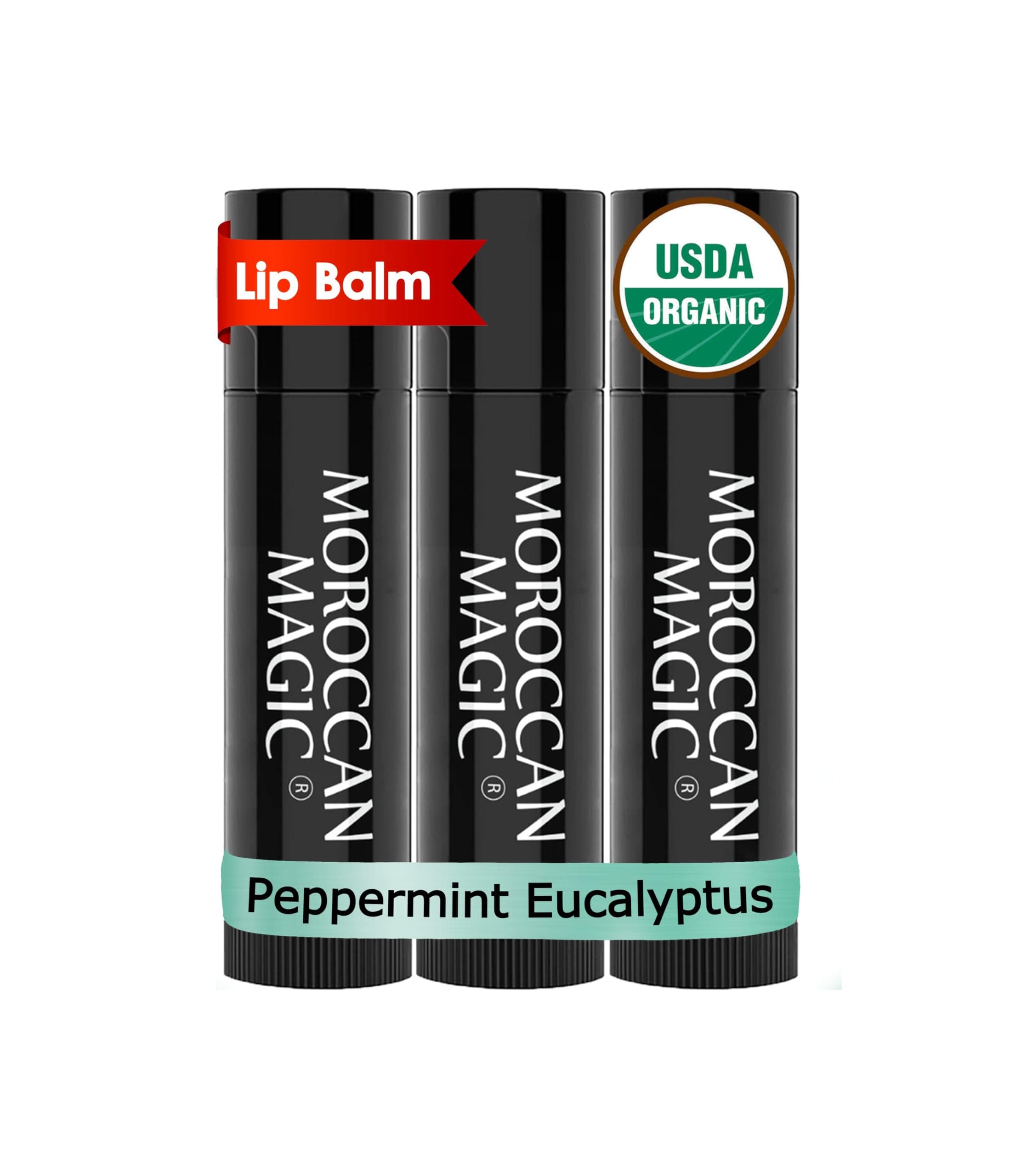 Moroccan Magic Organic Peppermint Eucalyptus Lip Balm 3 Pack | Made with Natural Cold Pressed Argan and Essential Oils | High Quality Lip Balm | Smooth Application | Non-Toxic, Cruelty Free …