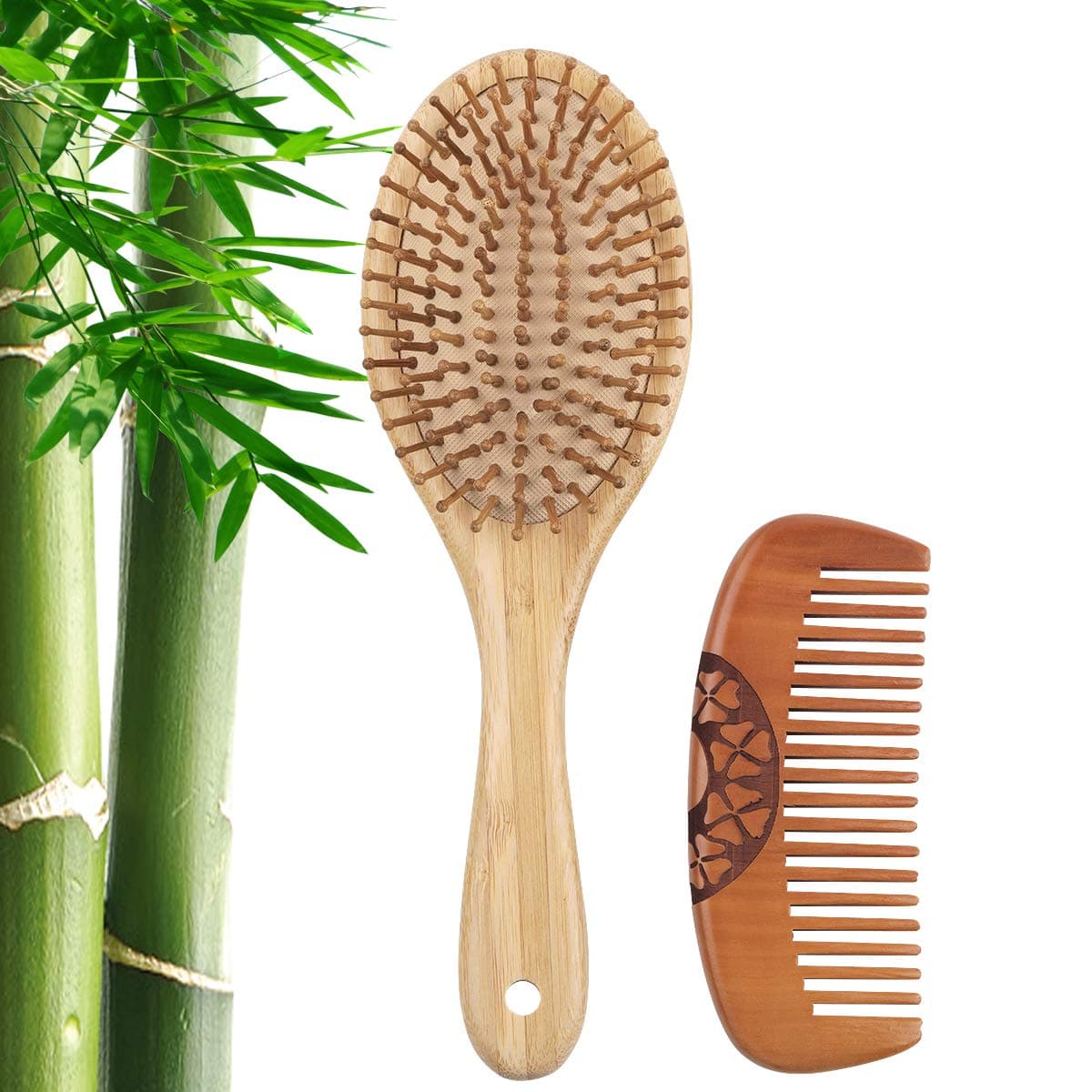 Natural Bamboo Hair Brush, Detangling Scalp Massage Hair Comb, Comfortable Ball Tipped Bamboo Bristle, Flexible Air Cushion Base + portable Peach Wood Beard Comb for Men and Women 2 pcs (Round2)