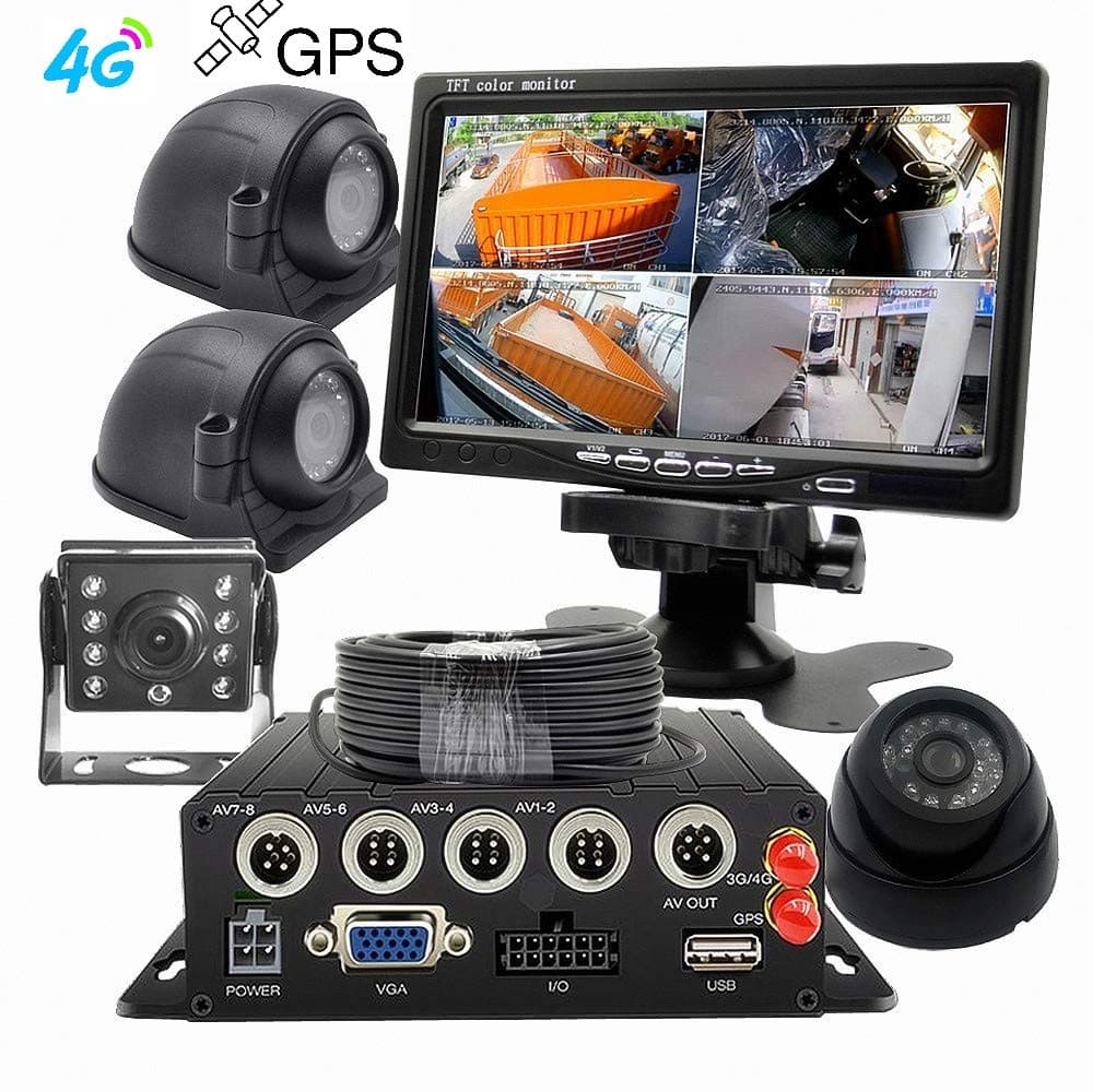 WeniChen 4G GPS 720P MDVR kit for Bus Truck Trailer Real Time Remote Monitor on PC Smartphone - 4CH 128GB SD Card Video Recorder + 4X Front Side Rear View Cameras + 7" VGA AHD Monitor + 4pcs Cables