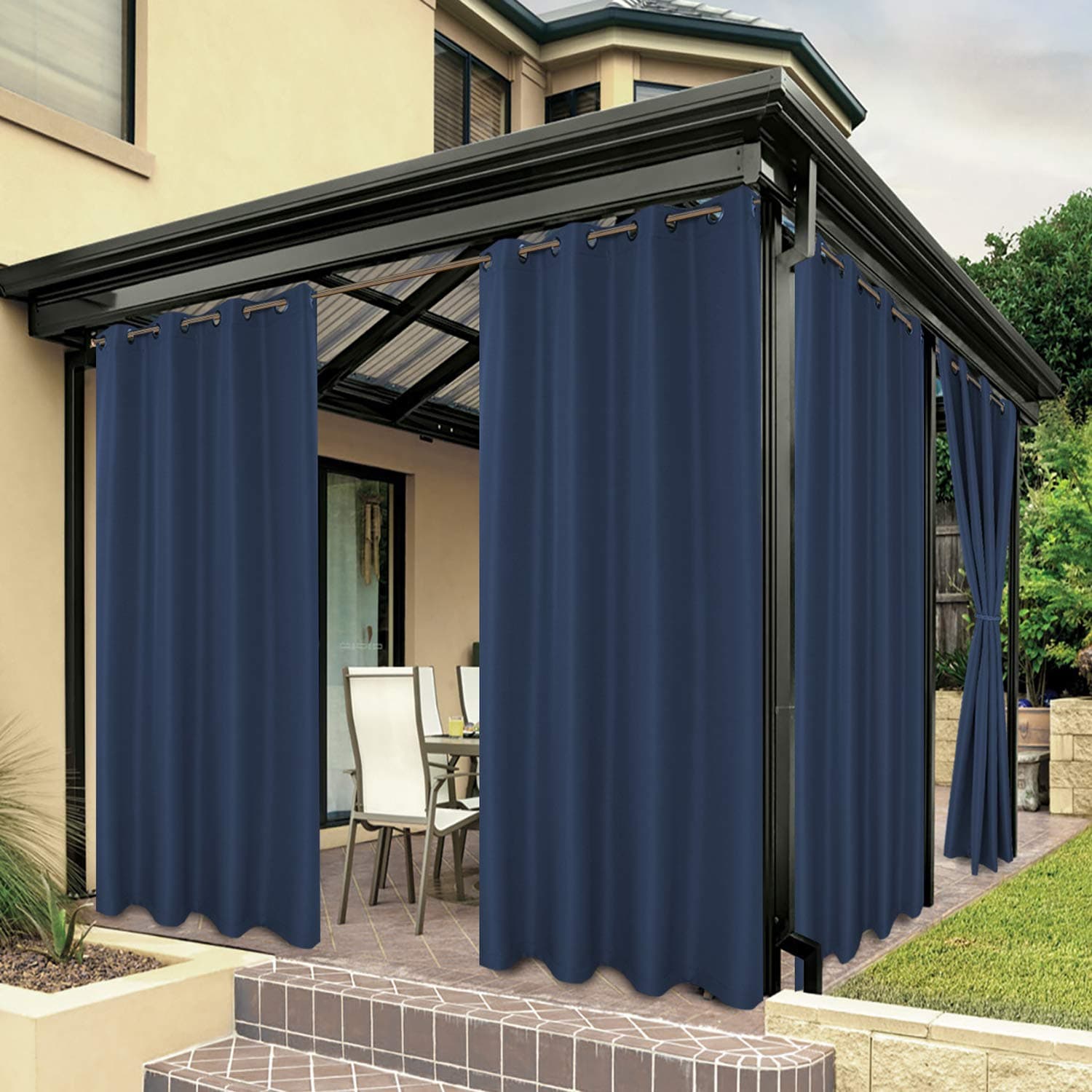 BONZER Outdoor Curtains for Patio Water Resistant Heavy Privacy Light Filtering Grommet Outside Curtains for Porch, Pergola, Gazebo, 1 Panel, 84W x 120L inch, Navy
