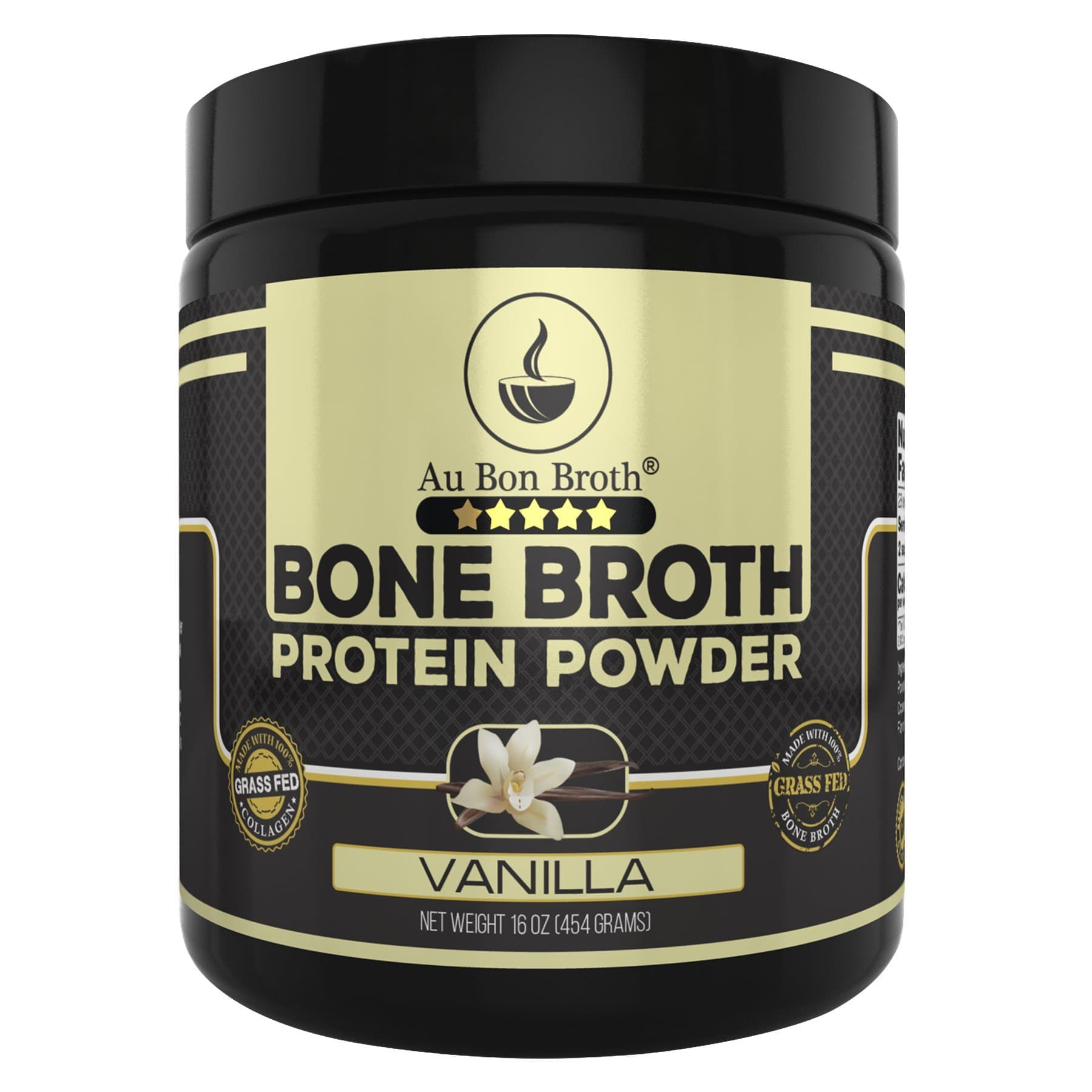 Genuine Grass Fed Organic Bone Broth Protein Powder Collagen 16oz. Vanilla Flavor 28 Servings, Mixes Instantly, Gluten Free, Pasture Raised, 100% Sourced, Made in USA, NOT from Concentrate