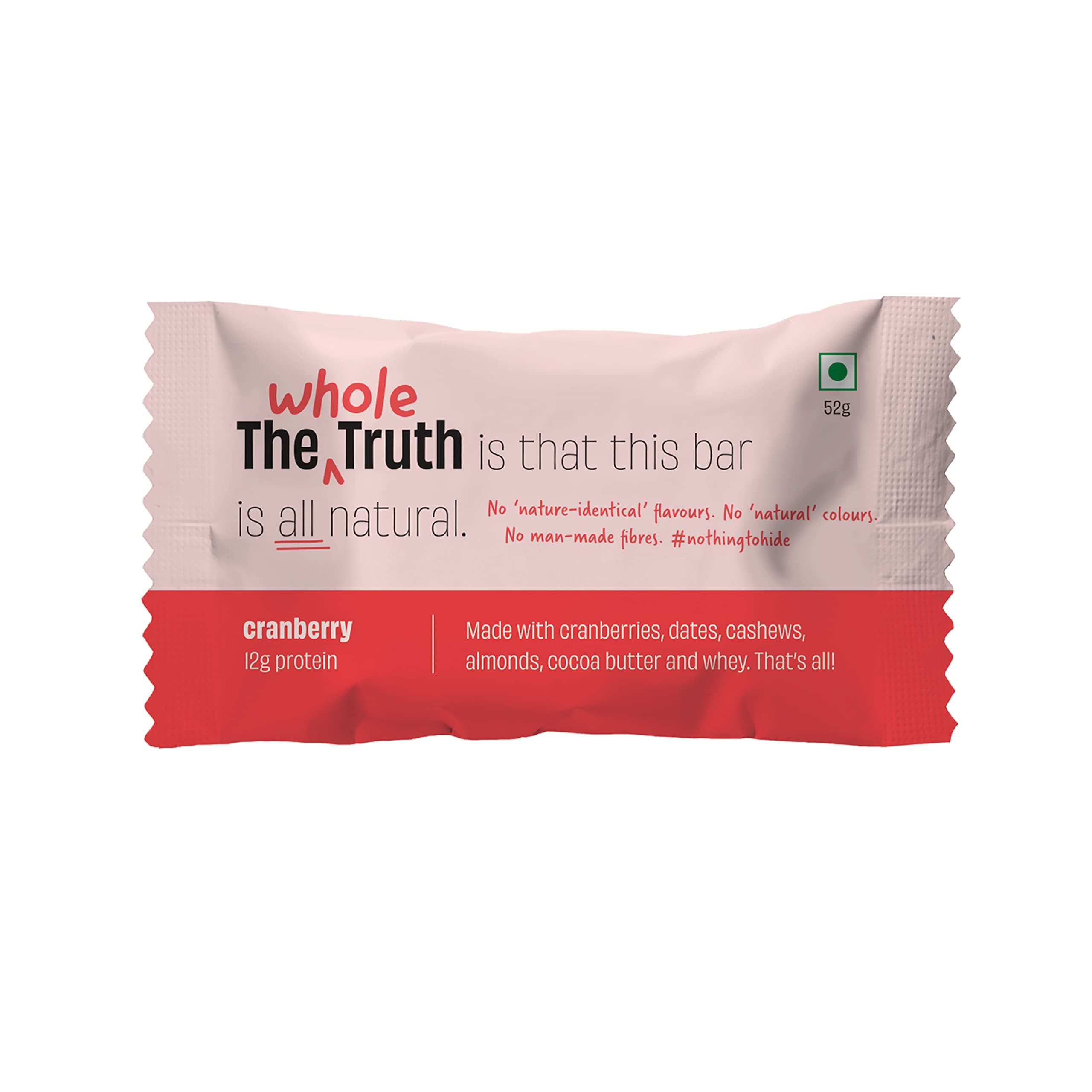 The Whole Truth - Protein Bars | Cranberry | Pack of 6 x 52g each | No Preservatives | No Artificial Sweeteners | No Gluten or Soy | All Natural Ingredients