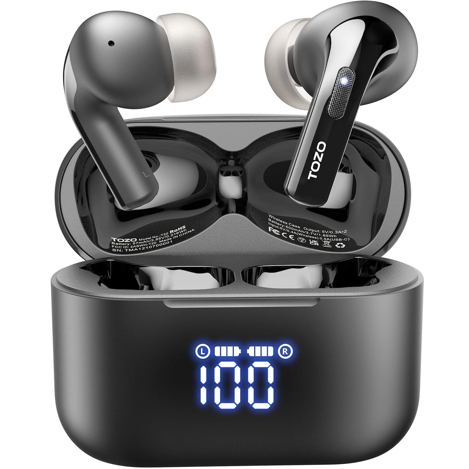 T20 Wireless Earbuds Bluetooth Headphones 48.5 Hrs Playtime with LED Digital Display, IPX8 Waterproof, Dual Mic Call Noise Cancelling 10mm Broad Range Speakers with Wireless Charging Case Black
