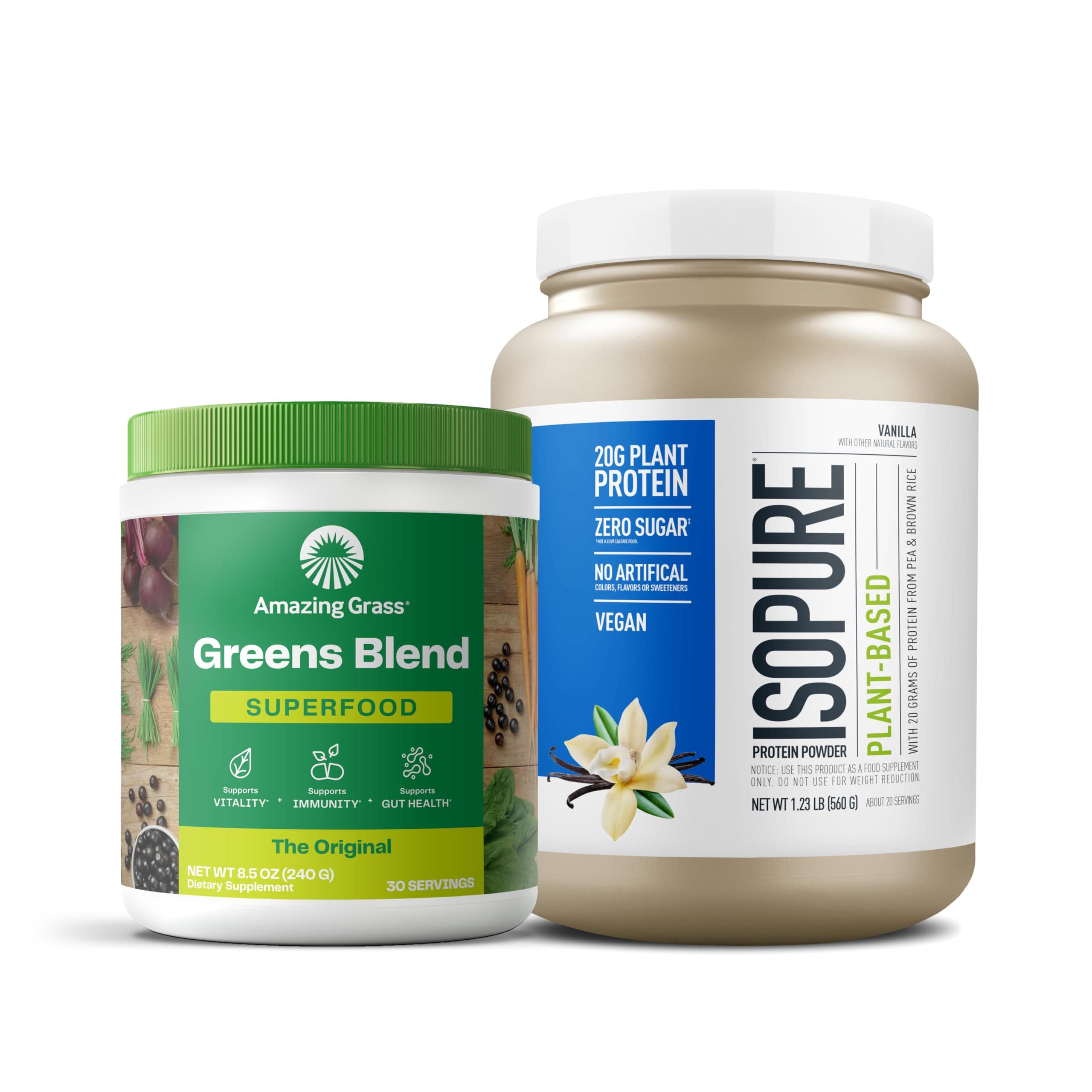 Bundle of Amazing Grass Greens Superfood Powder: Original, 30 Servings + Isopure Vanilla Vegan Protein Powder, Plant Based, Organic Pea Protein, Dairy Free, 20 Servings (Packaging May Vary)