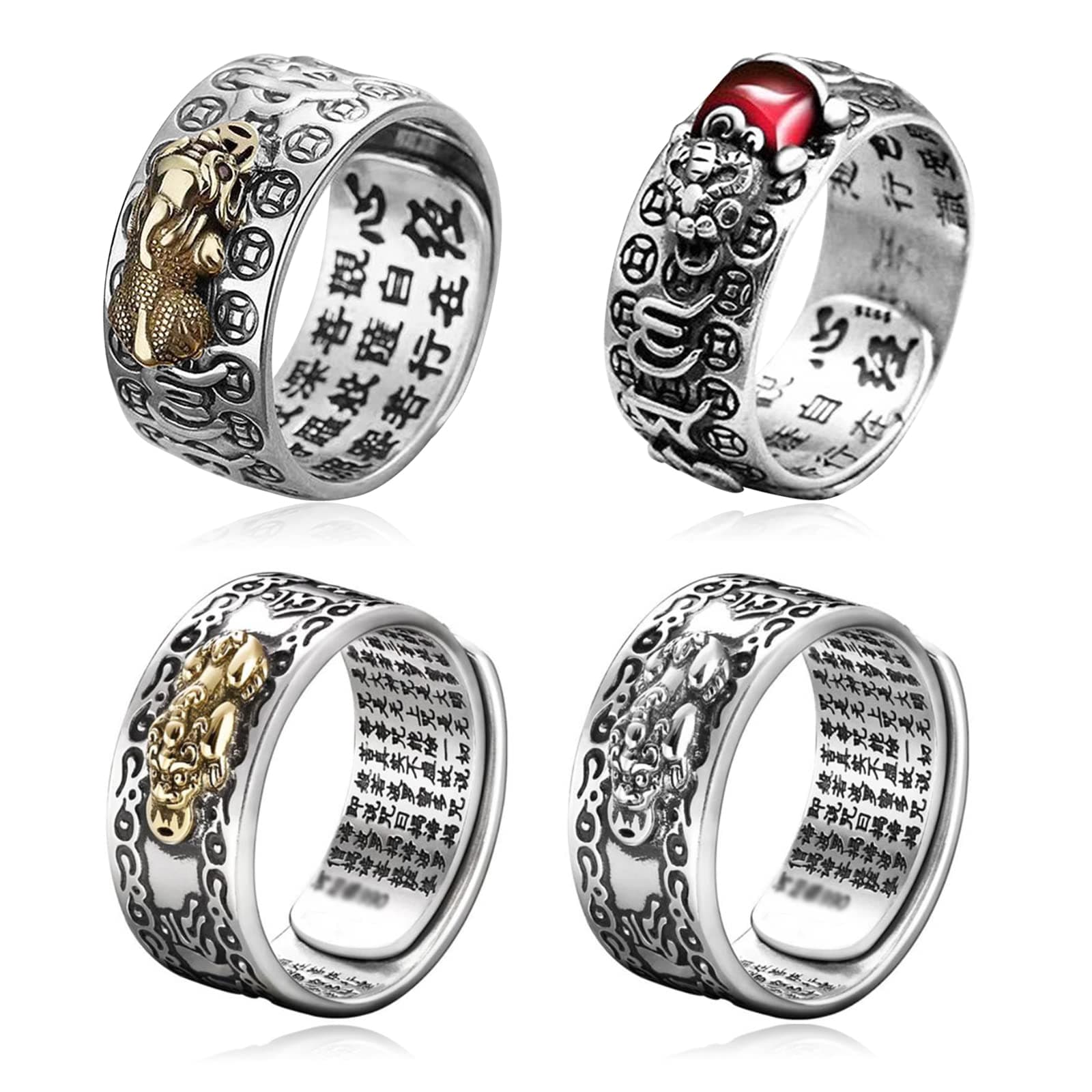 YANCHUN 4 Pcs Feng Shui PiXiu Rings for Men Adjustable Mantra Ring For Wealth And Protection Amulet Lucky Wealth Rings Buddhist Heart Sutra Ring Jewelry Gifts