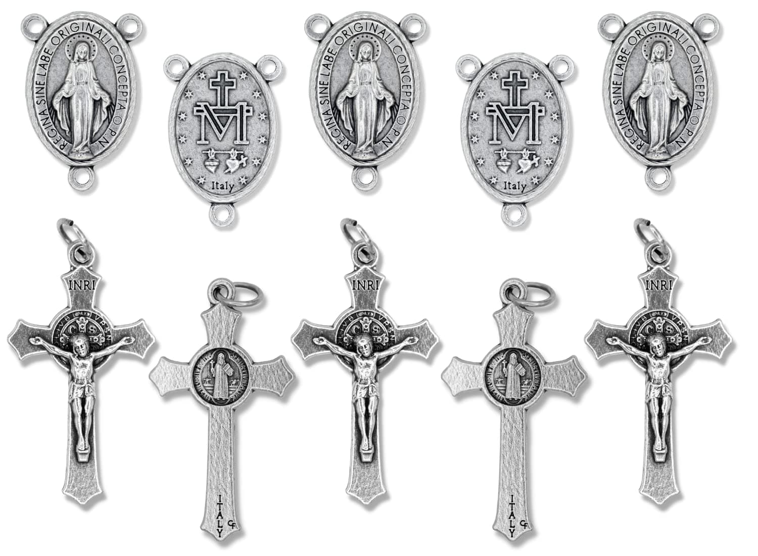 Caritas et Fides Italian Rosary Making Kit for 5 Rosaries - Catholic Rosary Cross and Center Sets with 1.5” St Benedict Crucifix and 1” Miraculous Medal Rosary Center Pack of 5 Bulk Rosary Parts