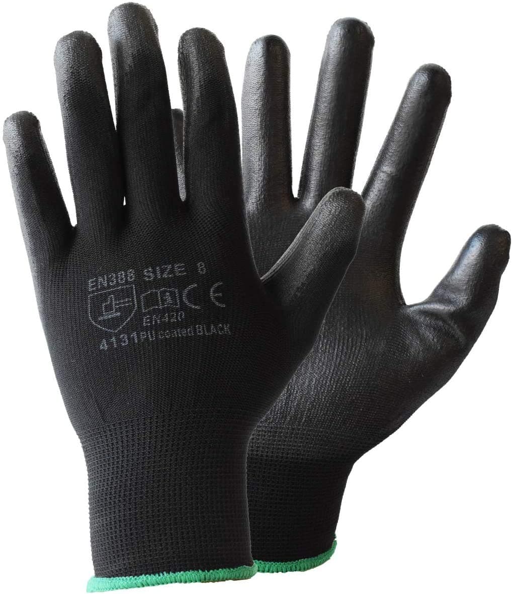 Black Work PU Coated Gloves (Available in singles, packs of 10 and boxes of 120) - Gardening, driving, warehouse, deliveries (Large EU 9)