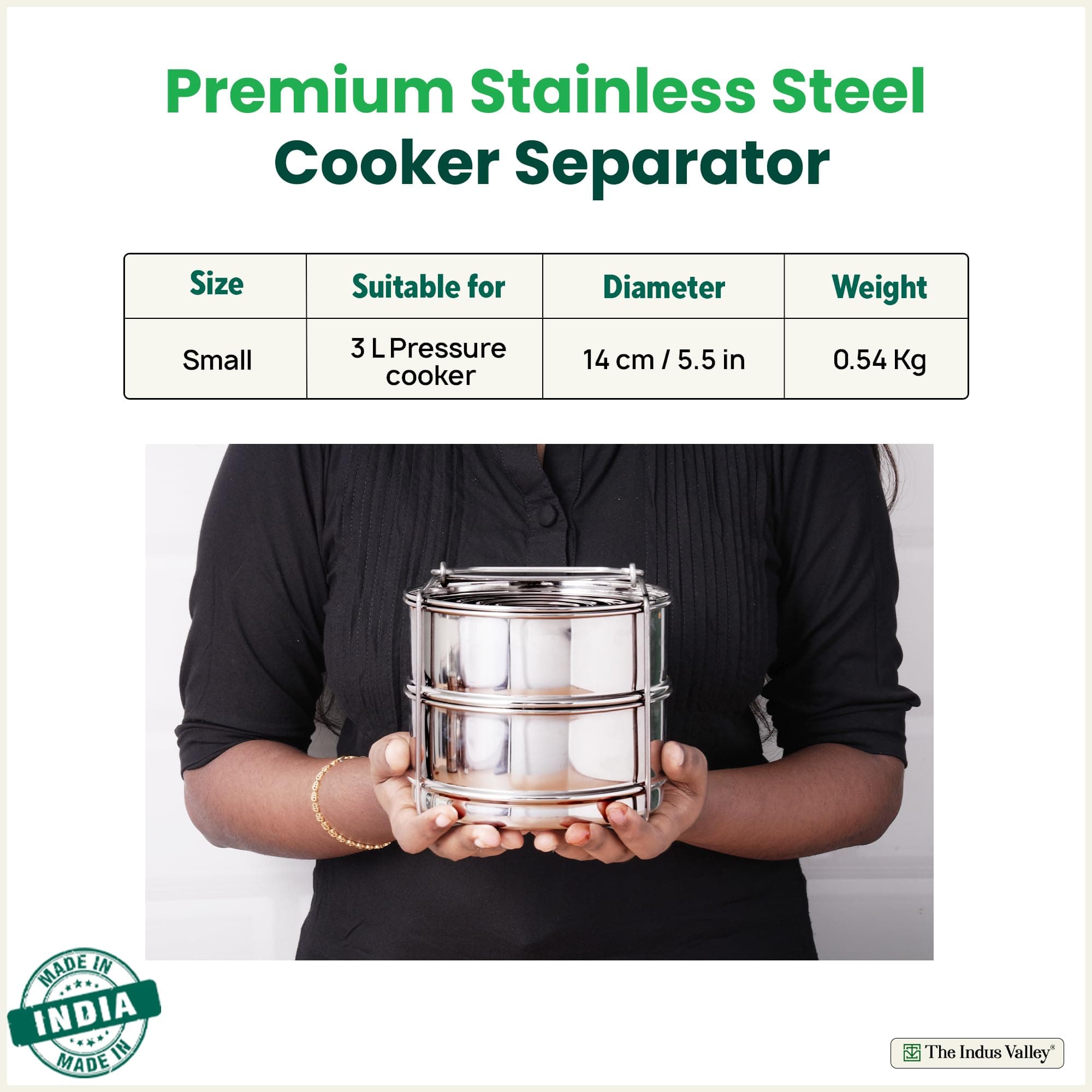 The Indus Valley Stainless Steel Separator Set for 3ltr Pressure Cooker | 5.5 inch, 1.9 ltr, 2-Tier | 100% Toxin Free, No Chemical coating