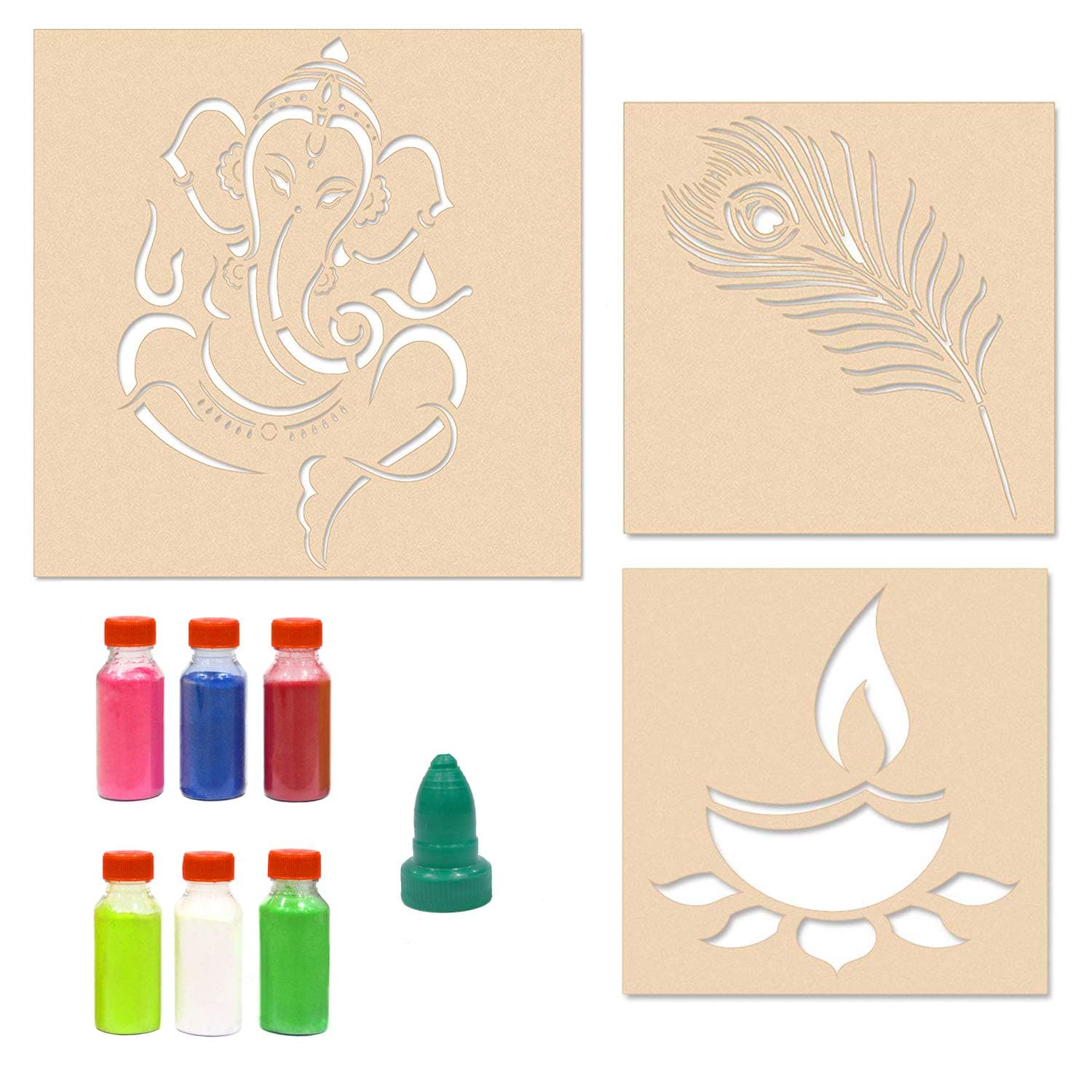 Incredible Gifts India Feather with Ganesha Rangoli Stencils for Floor Combo with Six Rangoli Colours (Wood, 30 cm x30 cm)