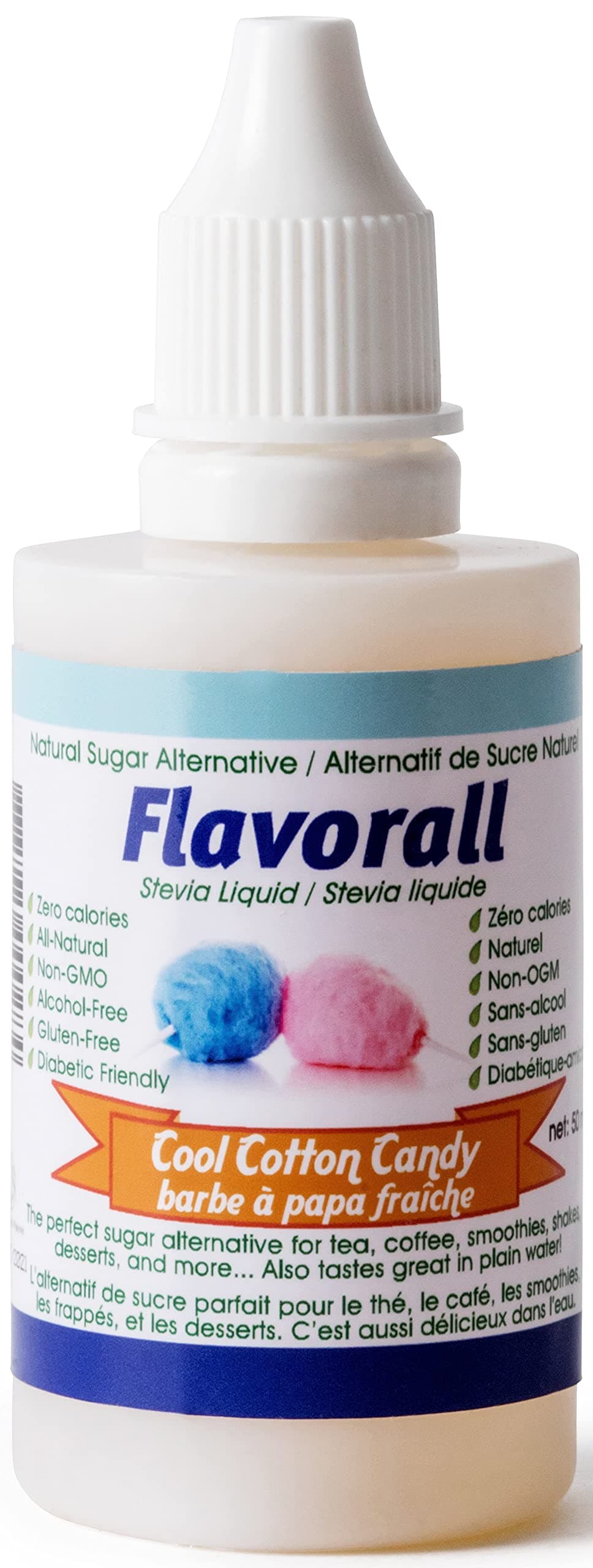 Flavorall Flavored Stevia 50 ML, Cool Cotton Candy, 25 Flavors, Stevia Liquid Drops, Zero Calorie Sweetener, Flavored Stevia Drops, Sugar Substitute, Keto Sugar, Organic, Gluten Free, Stevia Sweetener