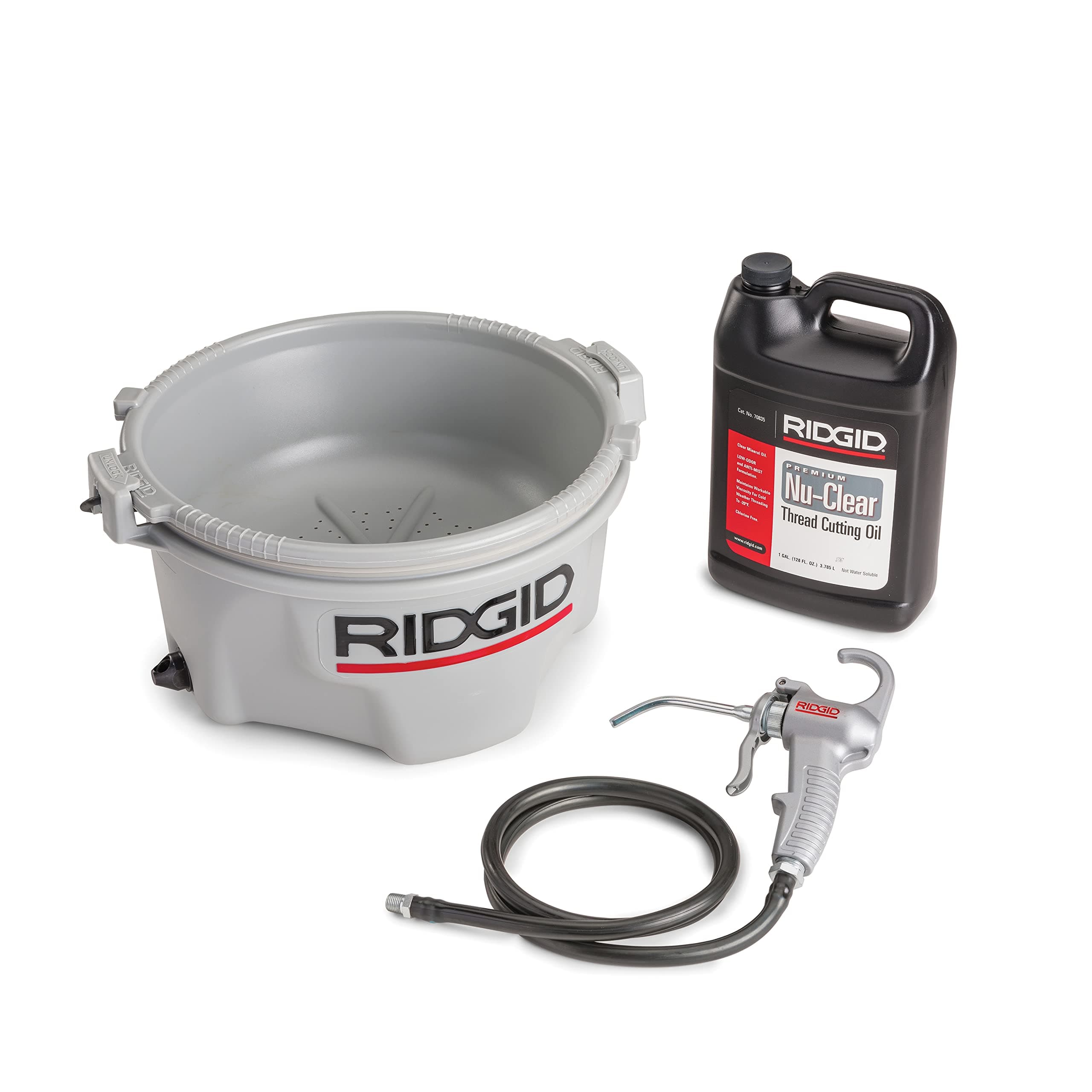RIDGID 10883 Model 418 Handheld Oiler Bucket with 1 Gallon of Premium Thread Cutting Oil for Pipe Threader Tools, Anti-Slip Grip Lubricator, Silver