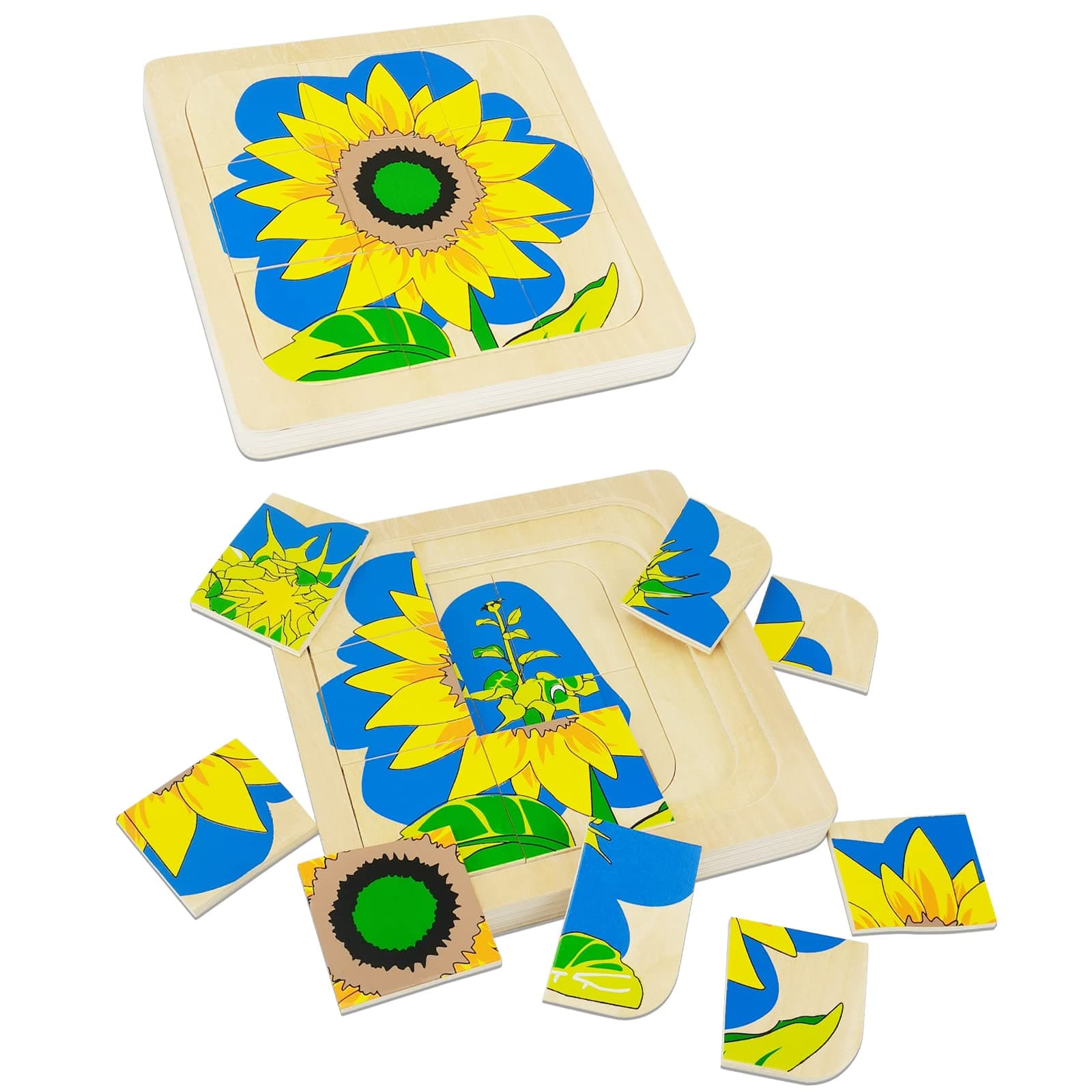 Montessori Wooden Puzzles for Kids Ages 4-8, 4 Layer Life Cycle Of Sunflower Jigsaw Puzzle for Toddlers, Children Preschool Learning Educational Puzzles Summer Toys Gift for Boys and Girls (Sunflower)