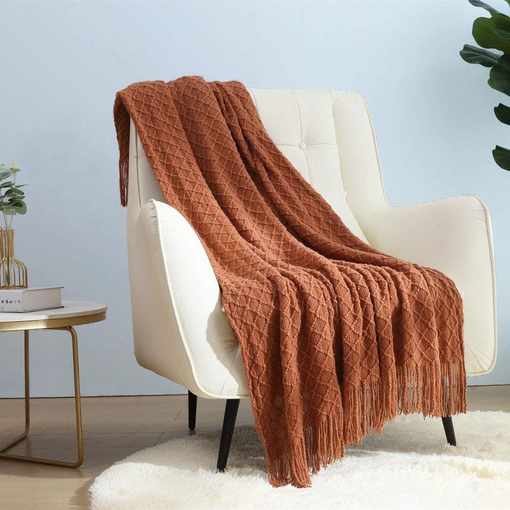 Home Farmhouse Decor Rustic Couch Sofa Chair Bed Throw Blanket, Soft Warm Light Weight for Travelling in Spring Summer (50''X60'' Caramel/Rust Burnt Orange)