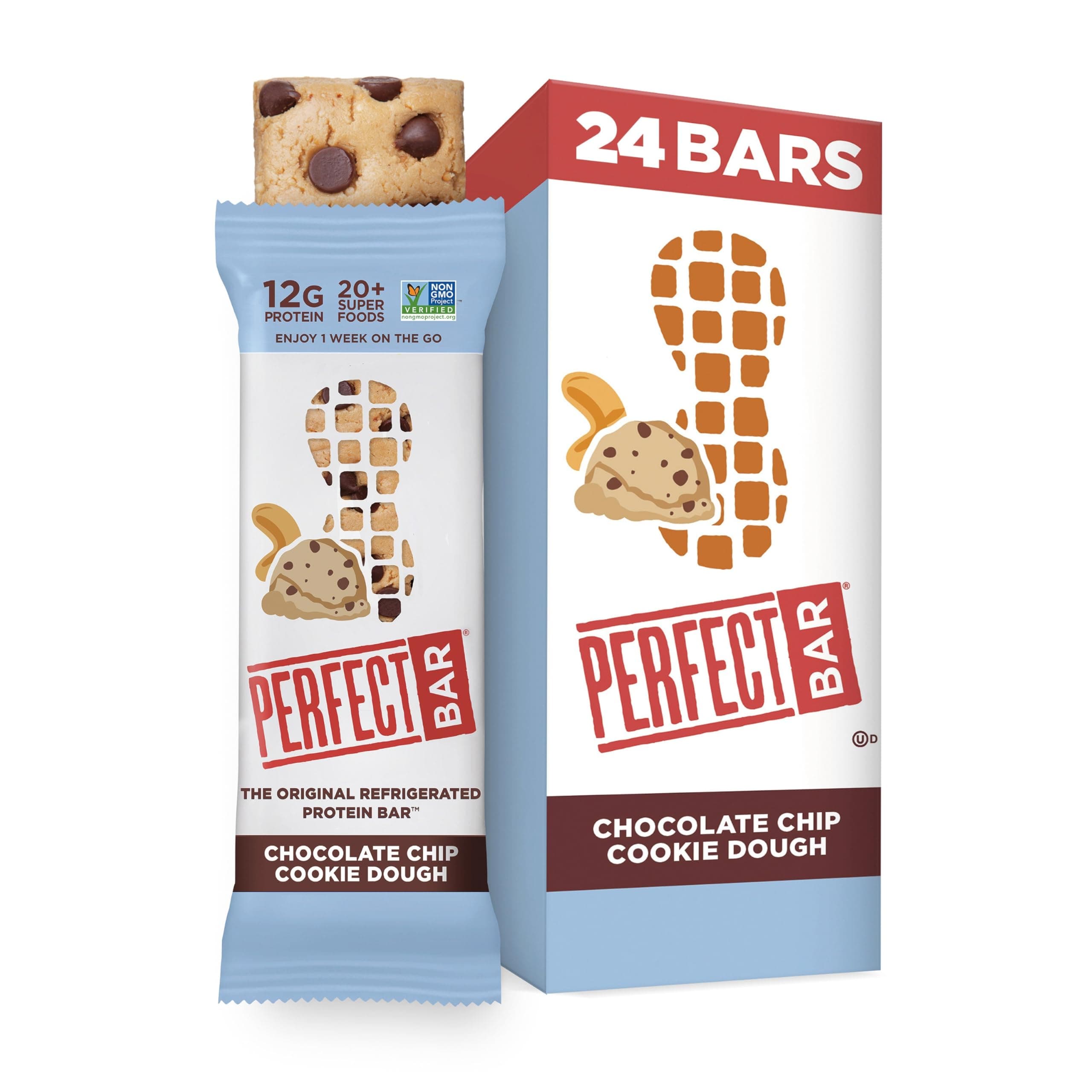 - Perfect Bar Protein Bars, Chocolate Chip Cookie Dough, Gluten Free, Made with Organic Honey, Peanut Butter, Cookie Dough Texture, Refrigerated, 2.2 Oz Bars, 24 Count