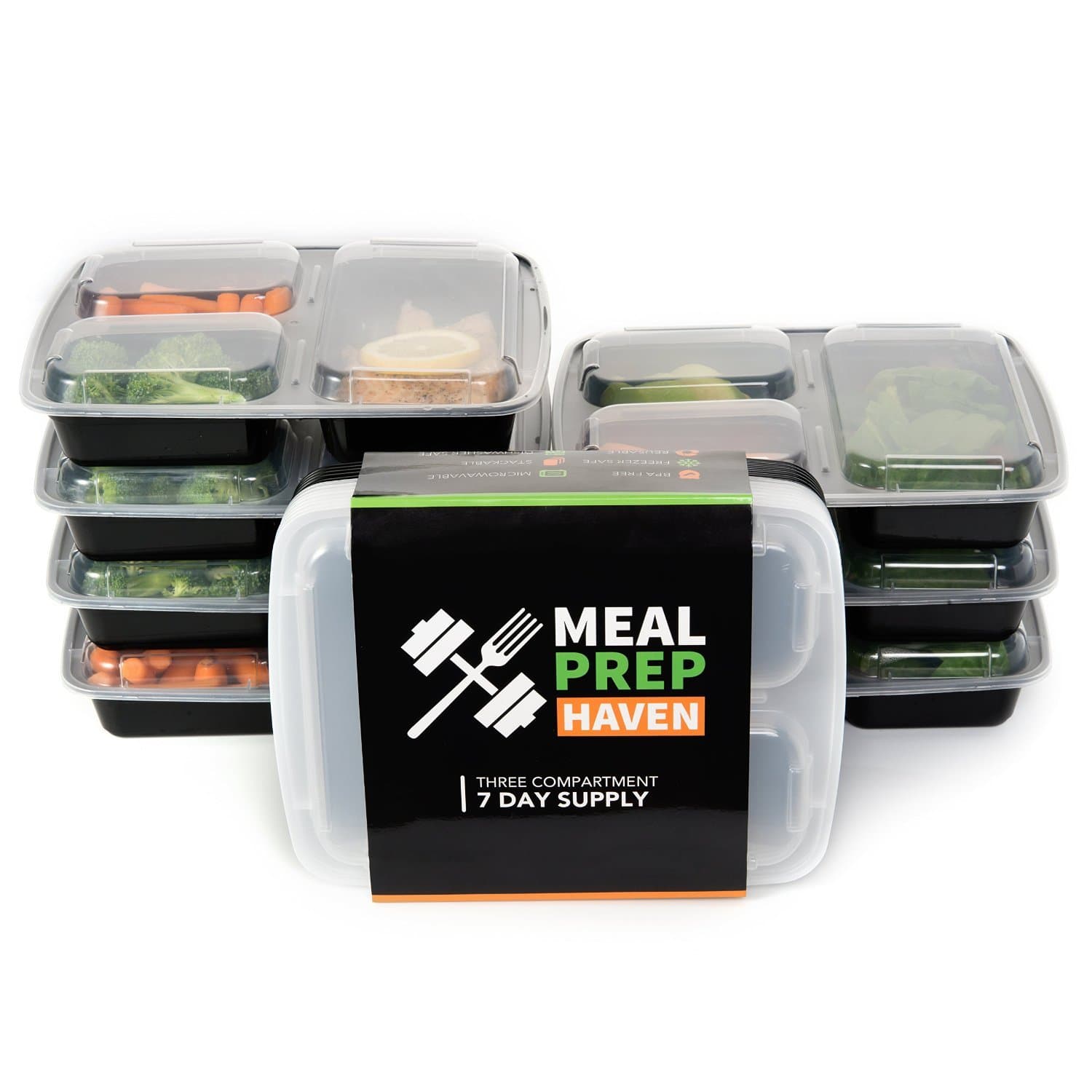 Reusable 3 Compartment Food Containers Meal Prep Bento Lunch Box (7 Pack) includes spoon, fork, knife, napkin (cutlery set)