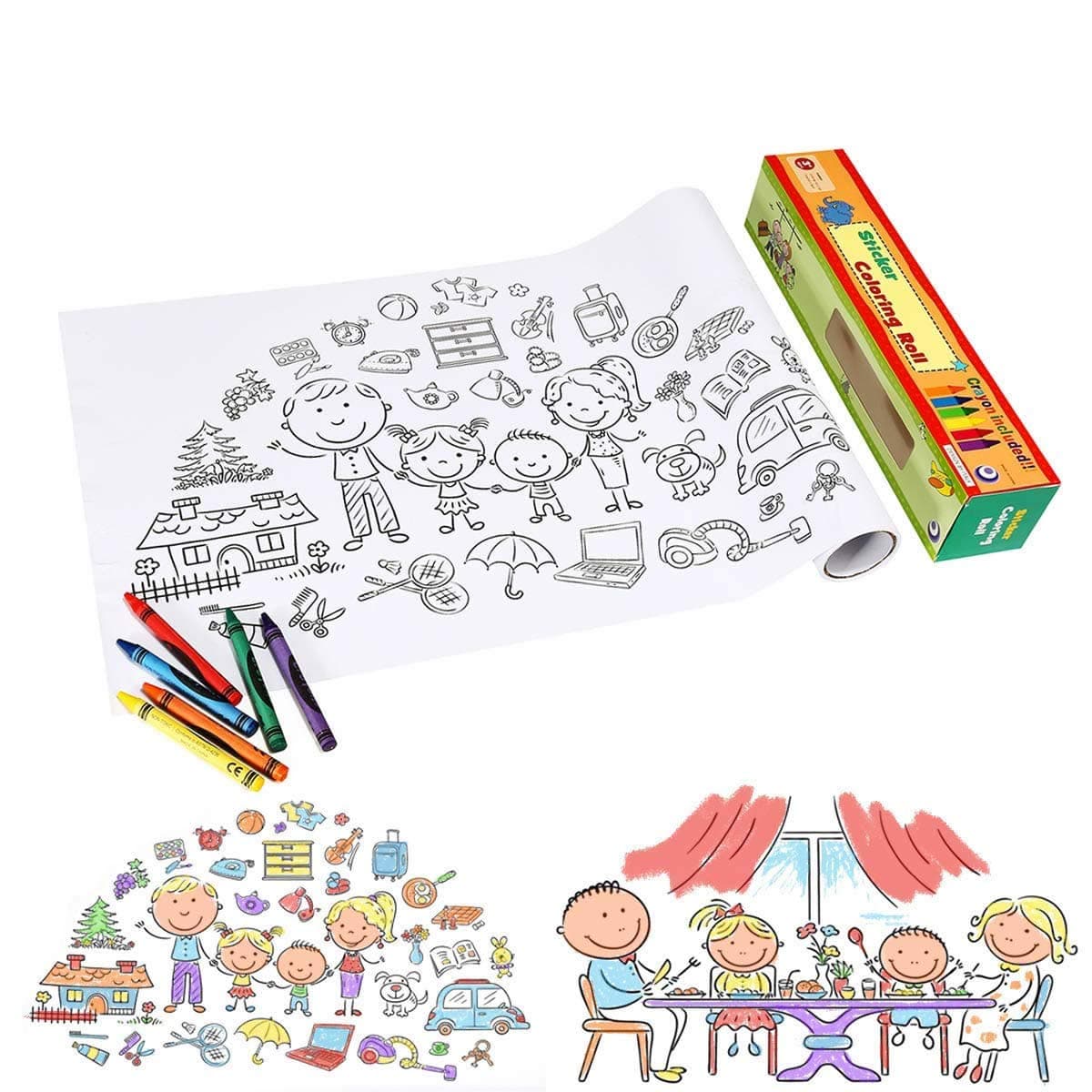 ARTISTORE Coloring Roll, 15Ft/4.75m Sticker Coloring Roll with 6pcs Crayons, Self-Stick Continuous Coloring Paper, Great for Family Kids Group Coloring Funny Wall Poster for Age 3+ (Family/Alphabet)