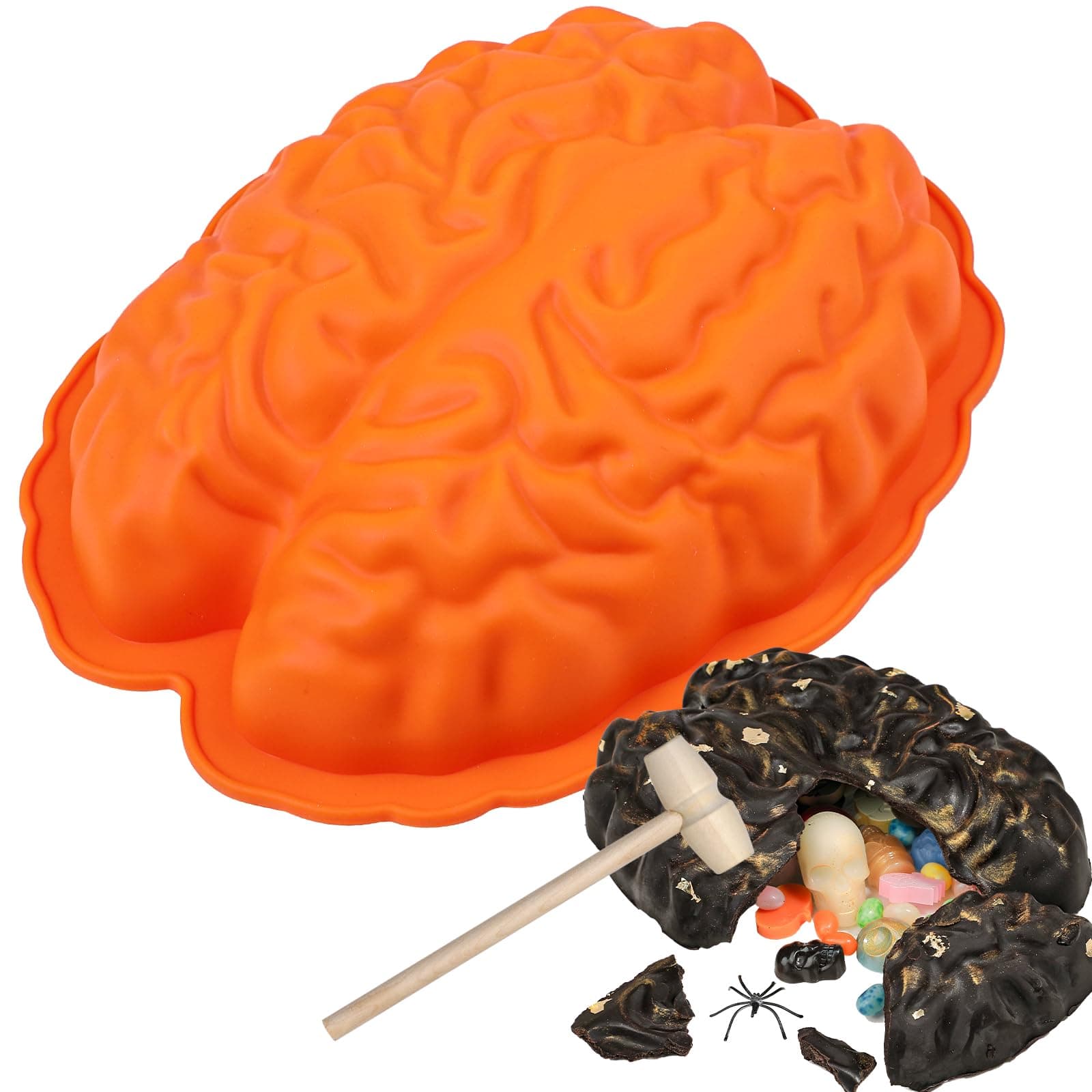 Kamehame Breakable Brain Chocolate Mold with Hammer, Halloween Brain Jello Mold, Silicone Brain Gelatin Cake Mold, 9 Inches Breakable Brain Chocolate Mold