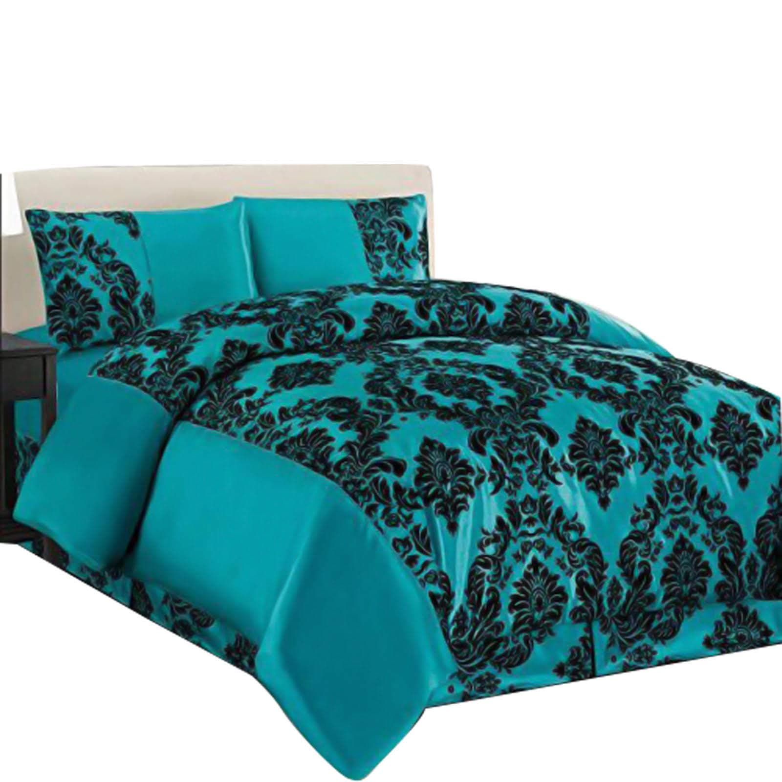 Super Luxury Damask Flock 4pcs Complete Bedding Sheet Set - 2 Pillow Cases/Valance Sheet/Quilt Cover - Cyan Teal Black (King Bed)