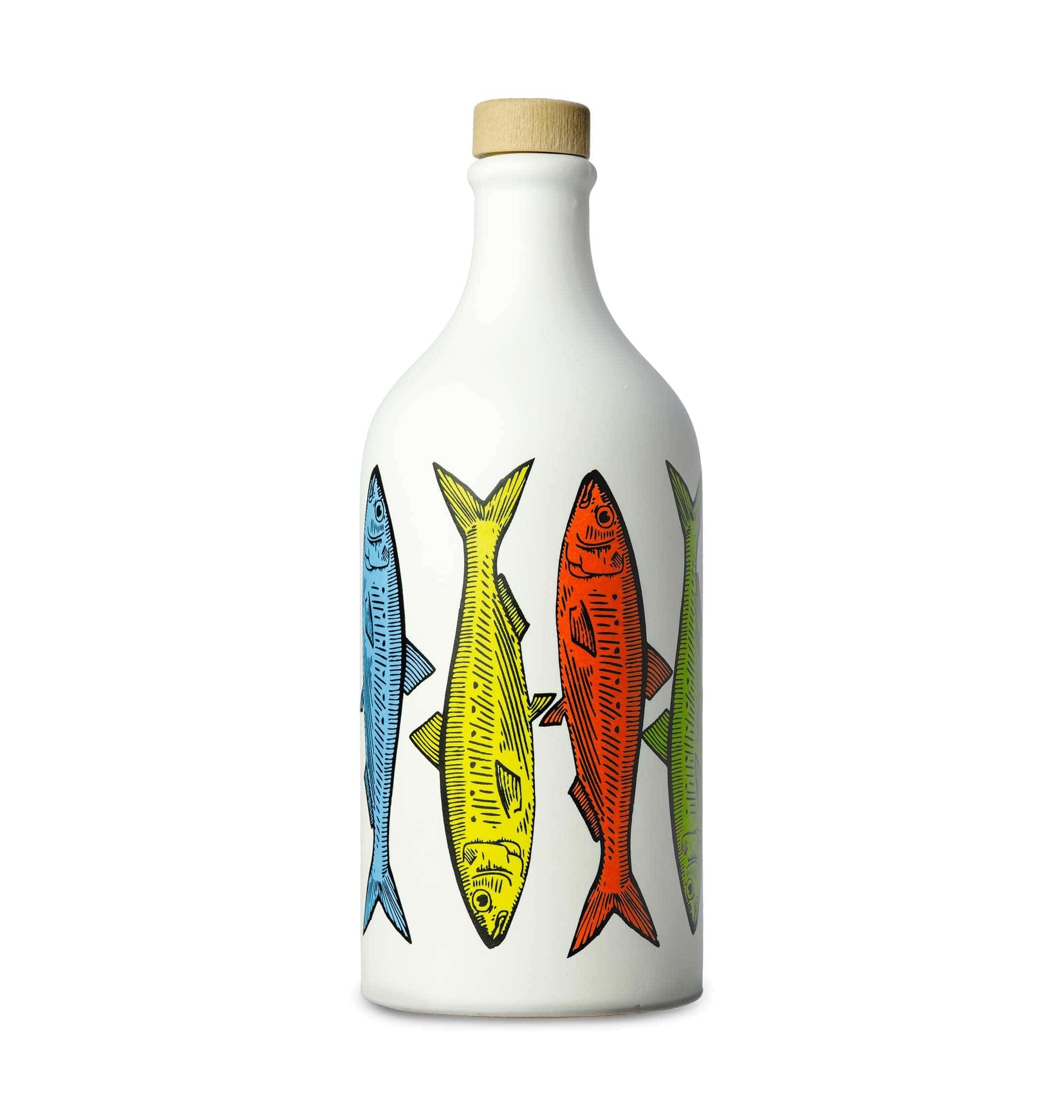 Frantoio Muraglia, Pop Art Sardines Ceramic Jar with Extra Virgin Olive Oil 500ml, Medium Fruity Essence, Created and Hand-Decorated by Our Puglian Artisans