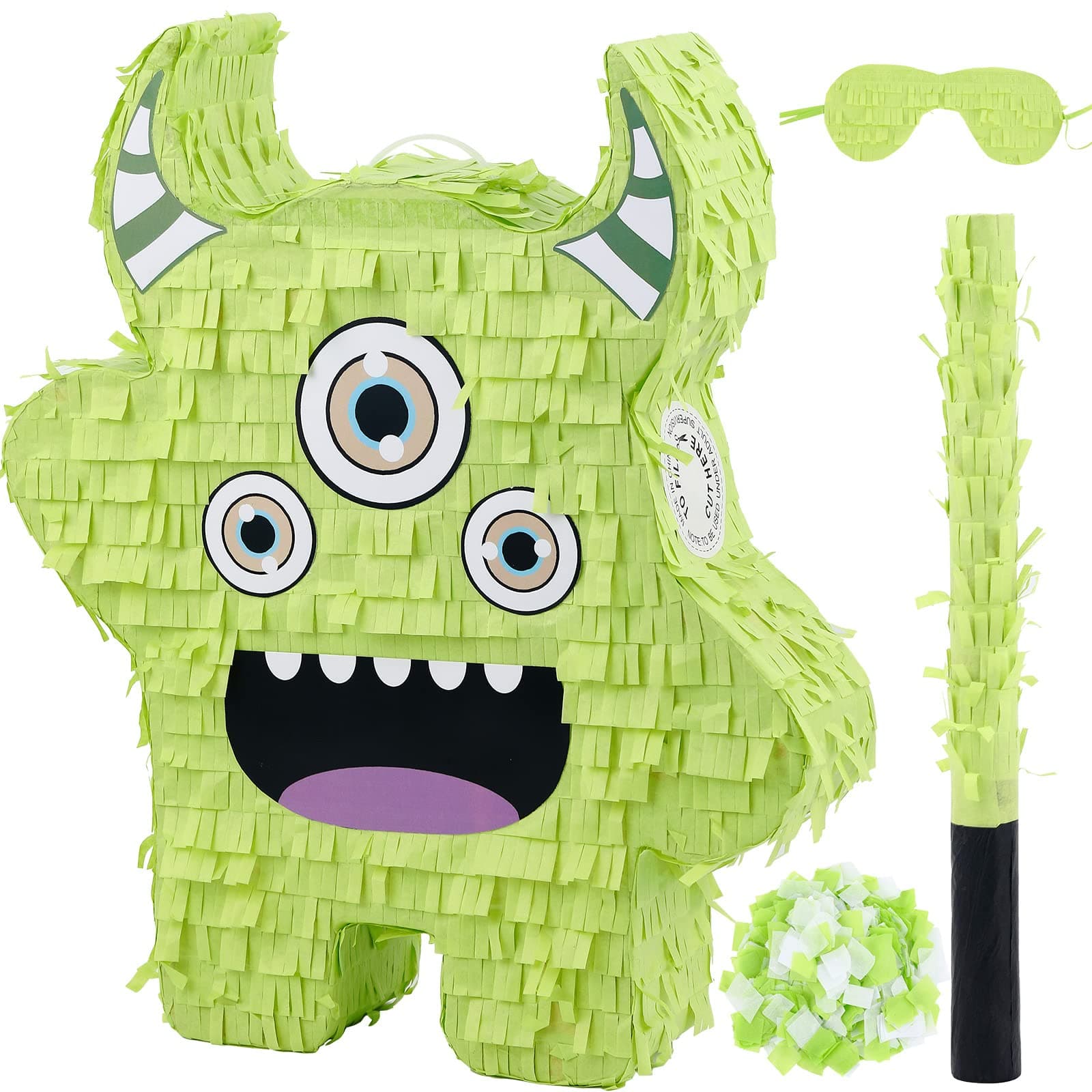 Halloween Pinata Set with Blindfold Pinata Stick and Confetti Funny Party Favors Green Devil Shape Bash Pinata for Kids Halloween Birthday Party Decoration Supplies, Baby Shower, 15.75 x 9.06 Inches