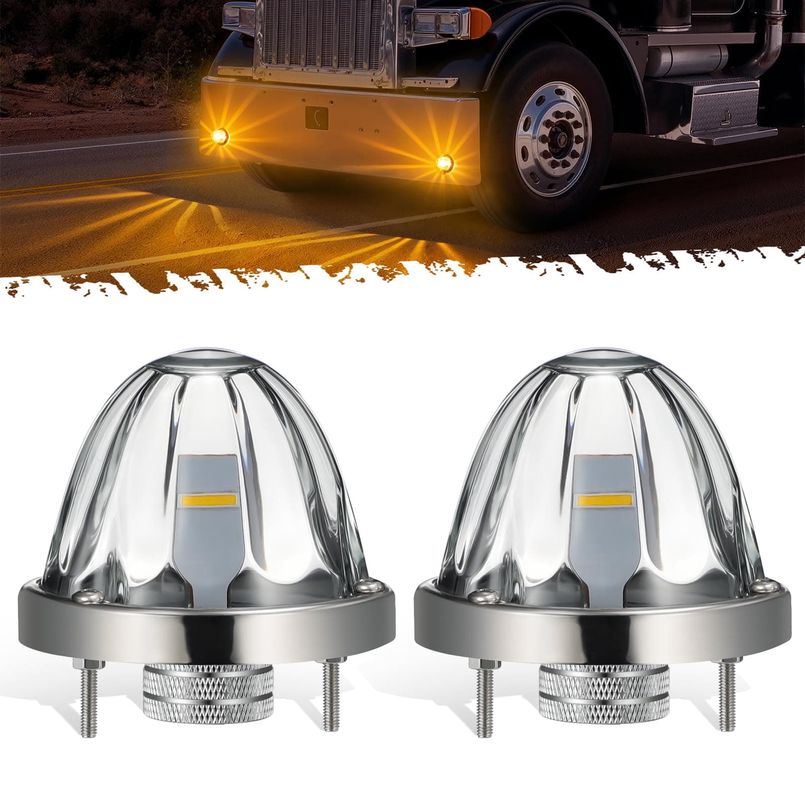 Partsam 2Pcs Glass Watermelon Lights [Patented] Clear Lens Amber LED Side Marker Turn Signal Lights with Bezel Replacement for Kenworth Peterbilt Freightliner Trucks