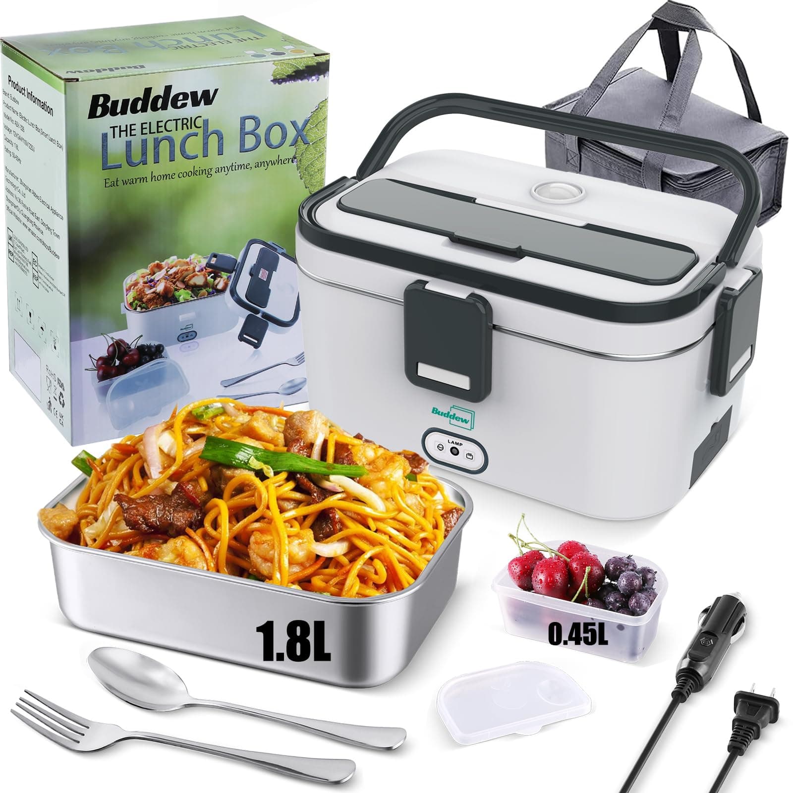 Buddew Electric Lunch Box for Adults, 80W Heated Lunch Box 1.8L Stainless Steel Portable Food Warmer,12/24/110V Lonchera Electrica Portatil for Travel & Work, Loncheras para Hombres de Trabajo(Gray)