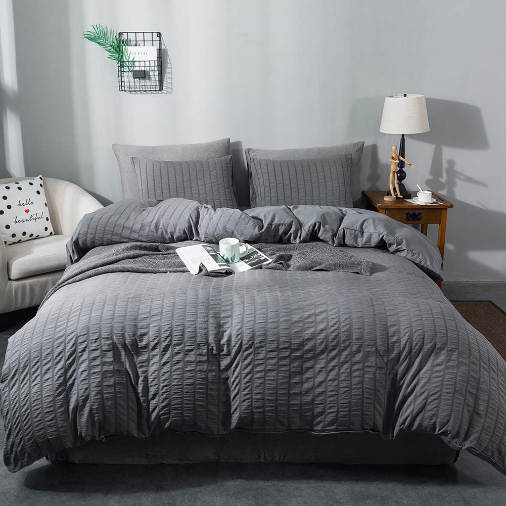 Seersucker Duvet Cover Set King Size (104 x 90 inches), 3 Pieces (1 Duvet Cover + 2 Pillow Cases), Dark Gray Ultra Soft Washed Microfiber, Textured Duvet Cover with Zipper Closure, Corner Ties